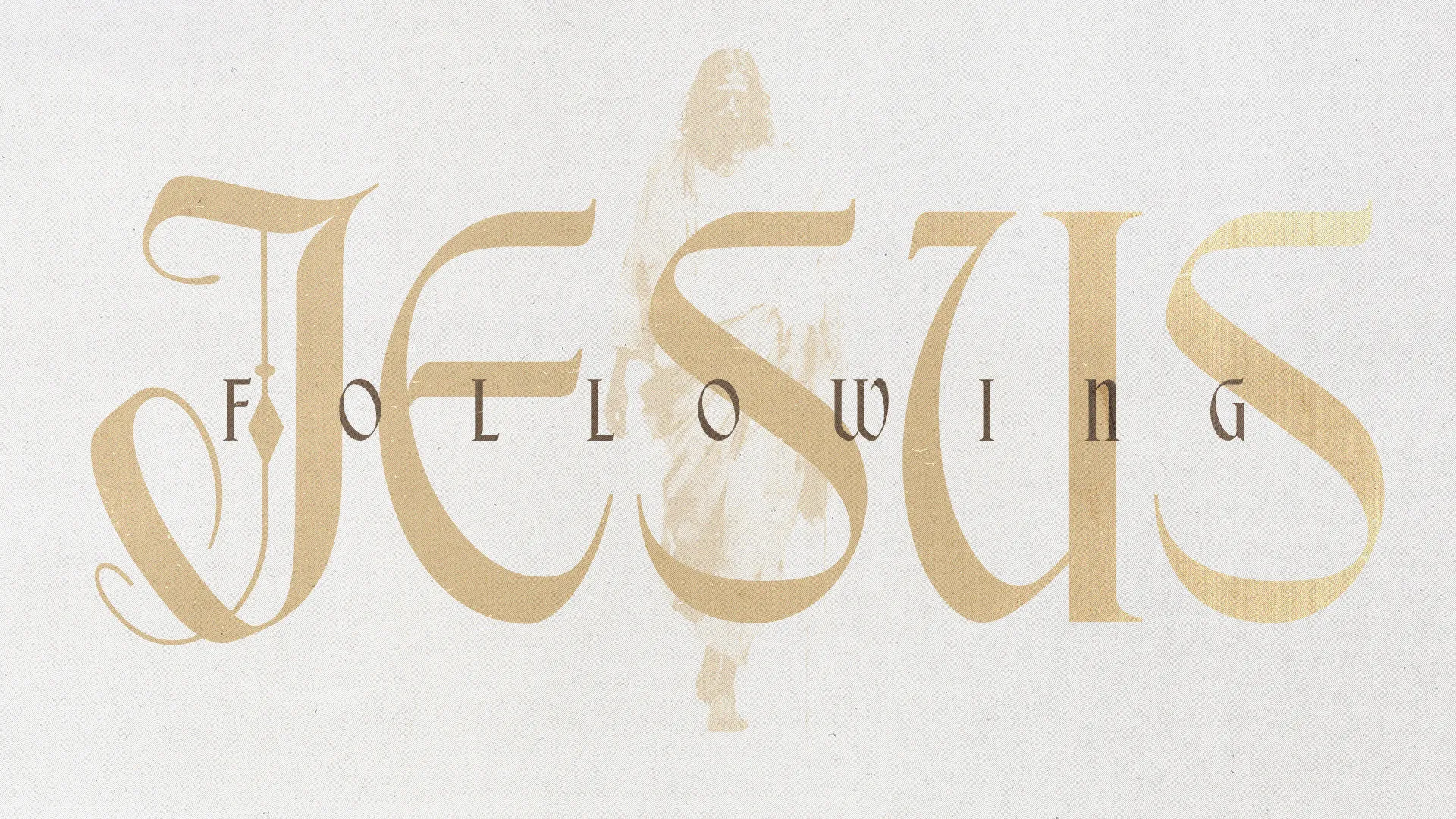 "Following Jesus" in elegant gold lettering, with a faint image of Christ, symbolizes faith and community in worship.