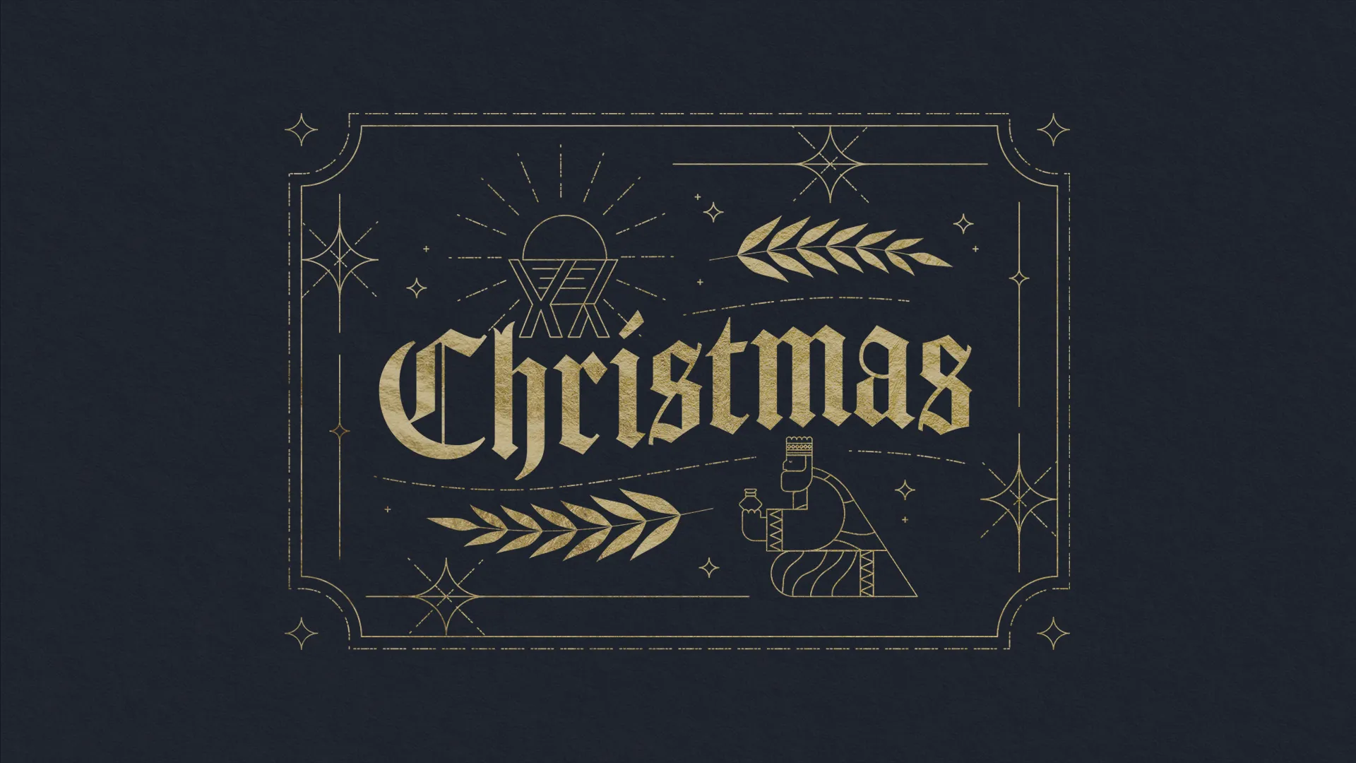Minimalist Christmas church media design with gold typography and nativity scene on dark background