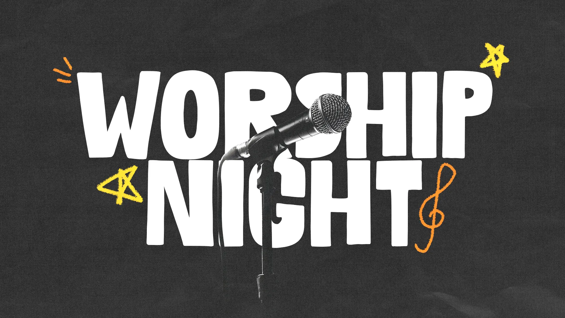 Worship Night announcement featuring a microphone, emphasizing community, faith, and spiritual celebration.