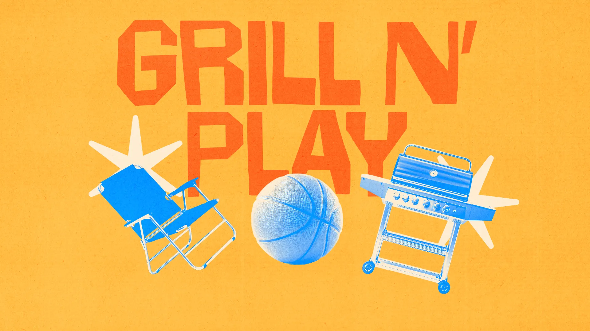 Community gathering for fun, food, and fellowship with chairs, a basketball, and a grill, inviting all to join.