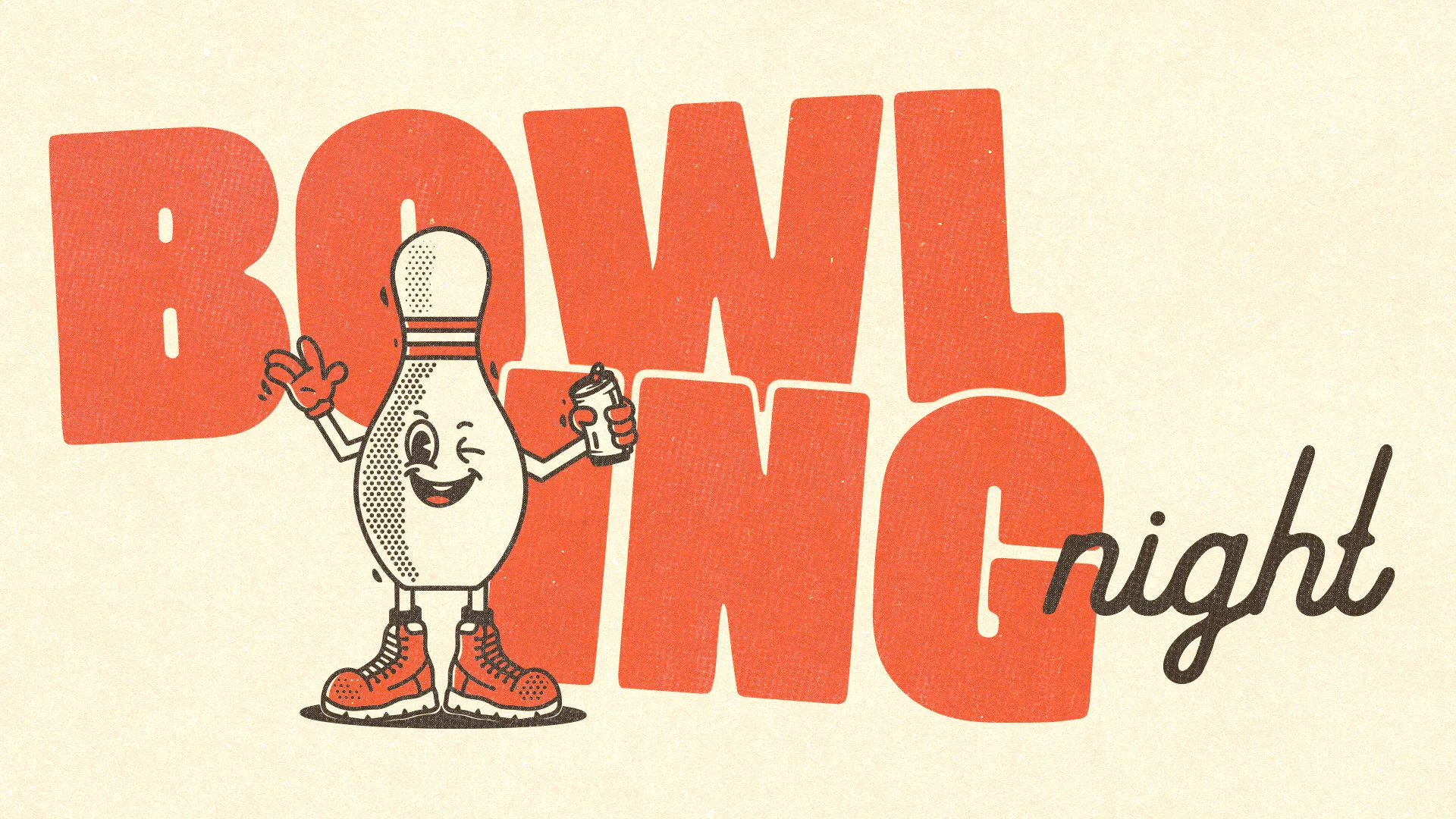 Bowling night event with a cheerful bowling pin mascot, promoting community fun and fellowship.