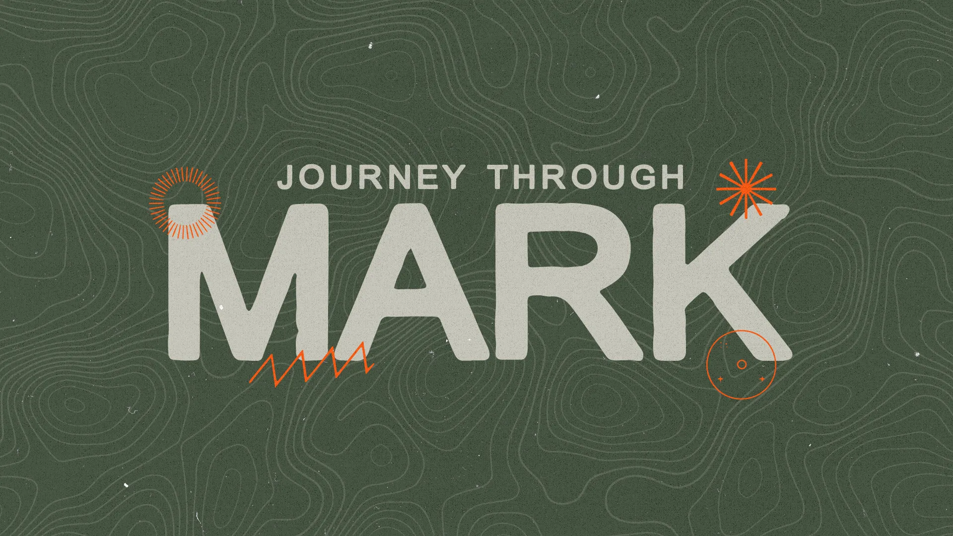 Journey Through Mark, vibrant text on a textured green background, symbolizes faith exploration and community growth.