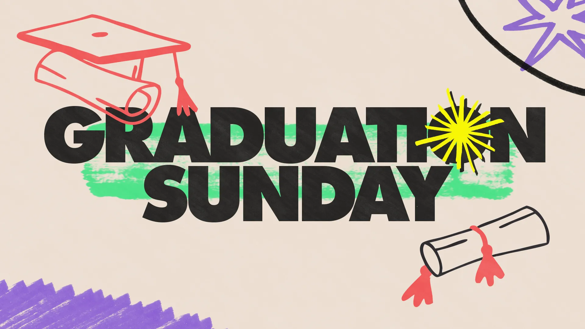 Celebrating Graduation Sunday with diplomas and caps, highlighting community achievements and faith-filled futures.