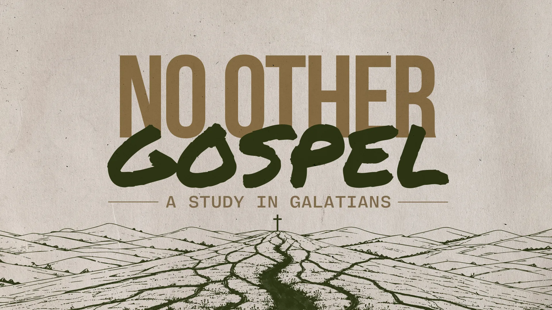 "Title 'No Other Gospel' with a cross and a landscape, symbolizing faith and a study of Galatians."