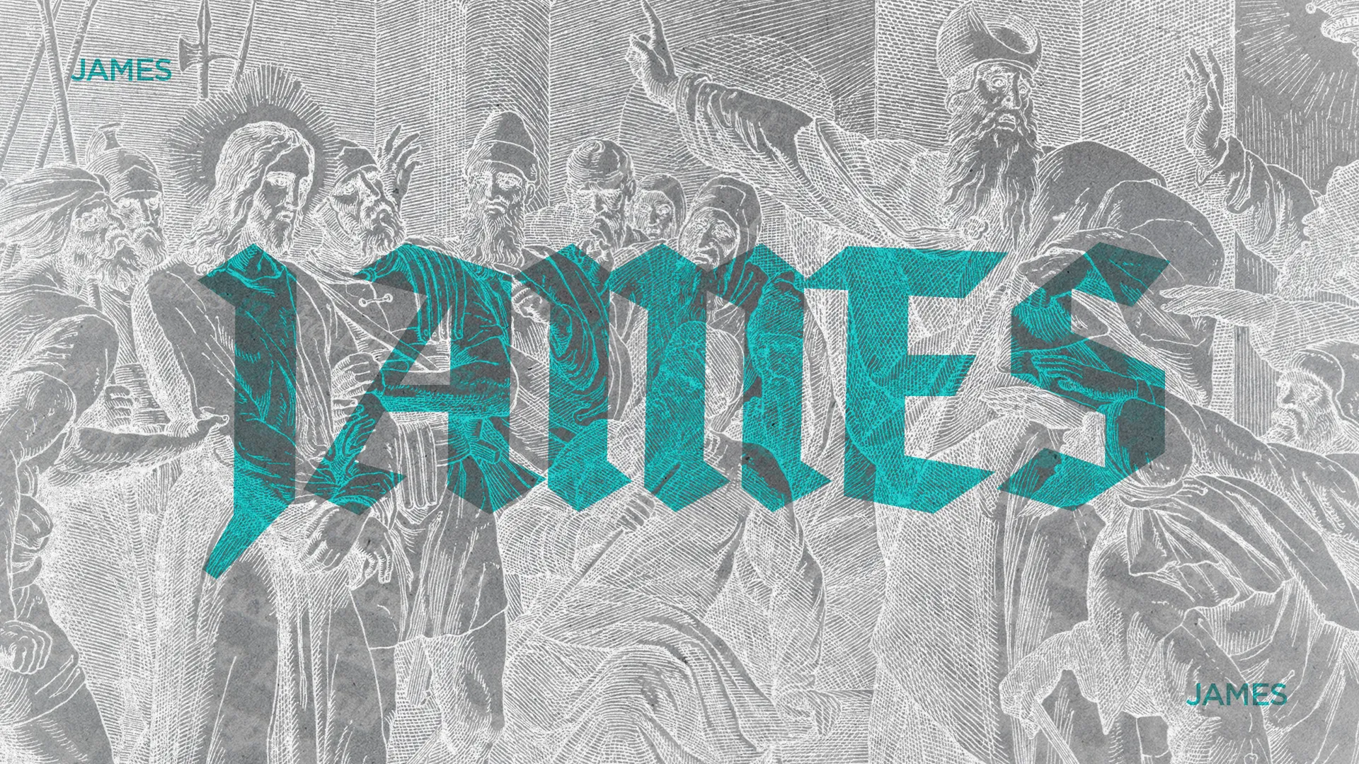 Biblical scene featuring Jesus surrounded by figures, emphasizing faith and community, with "JAMES" prominently displayed.