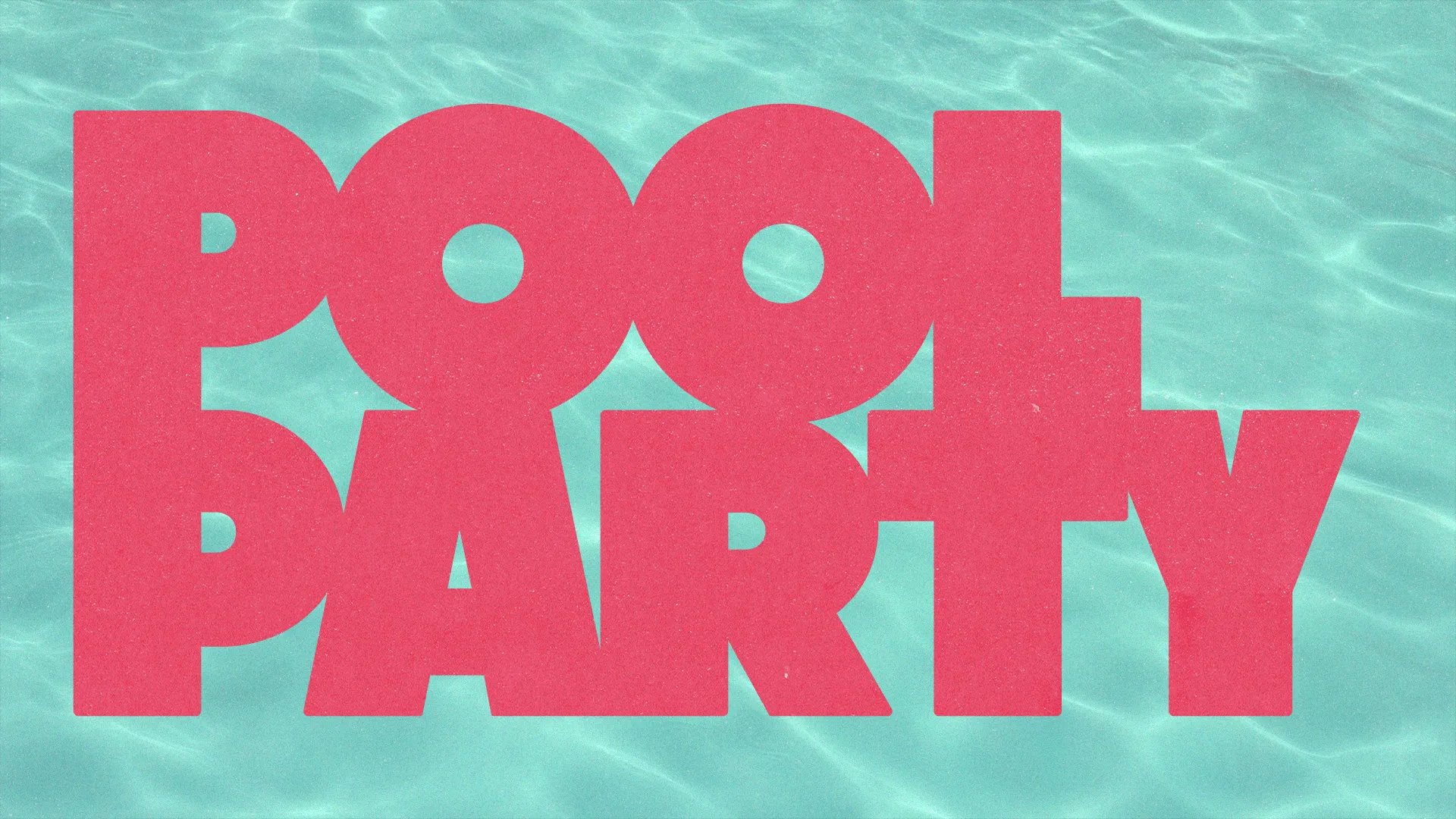 Pool party announcement with vibrant pink text over a shimmering aqua background, inviting community fellowship and fun.