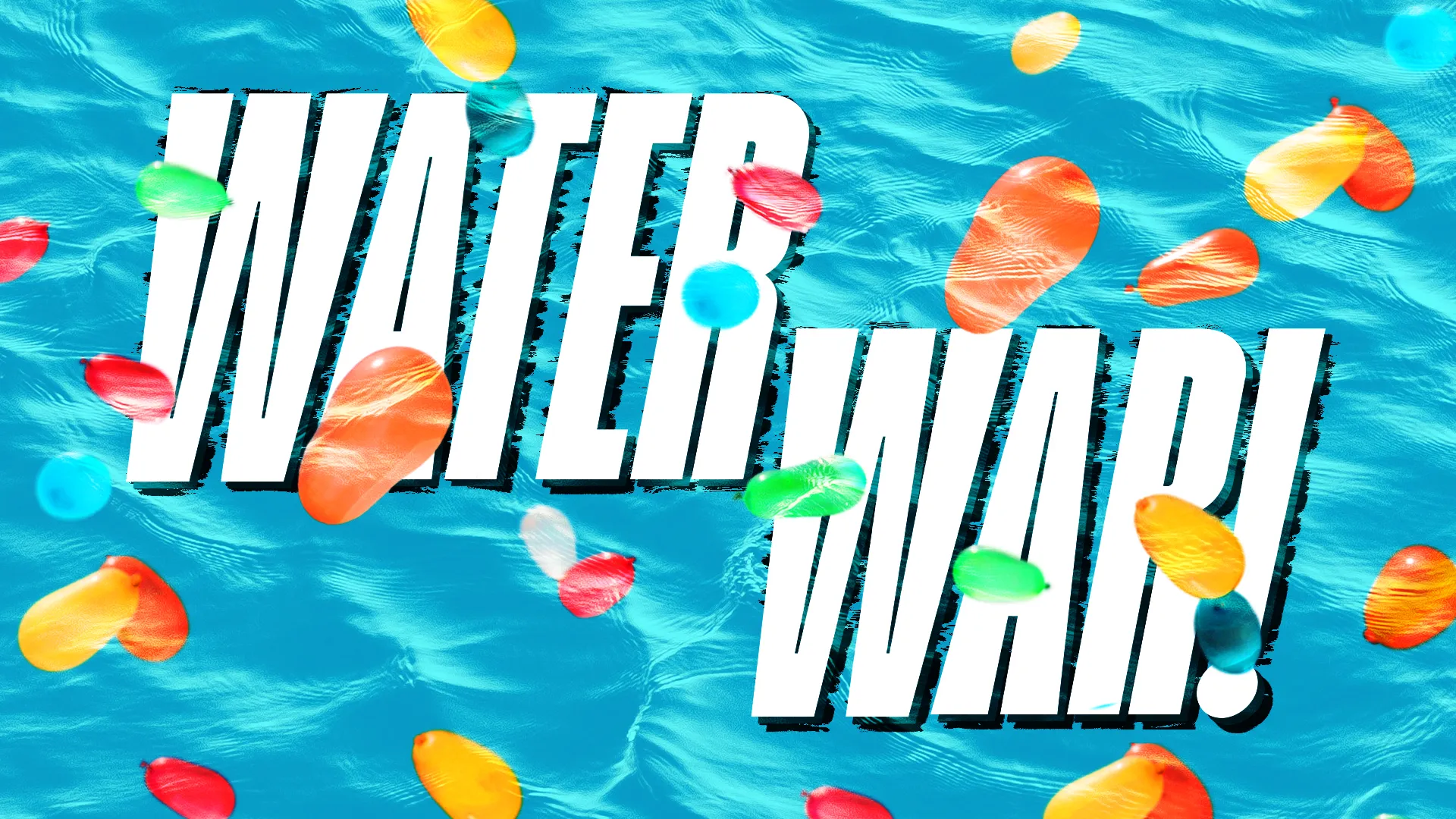 Colorful water balloons float on a bright blue background, promoting a fun church event for community engagement.