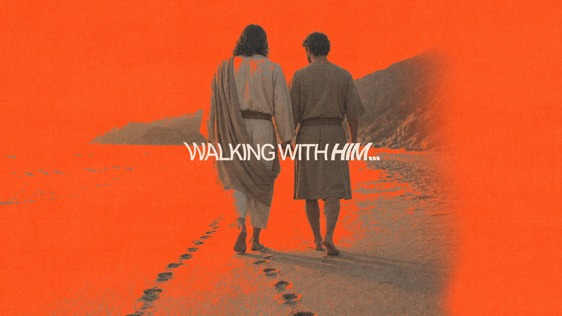 Two figures walk hand in hand along a beach, symbolizing faith and companionship, with "WALKING WITH HIM" prominently displayed.