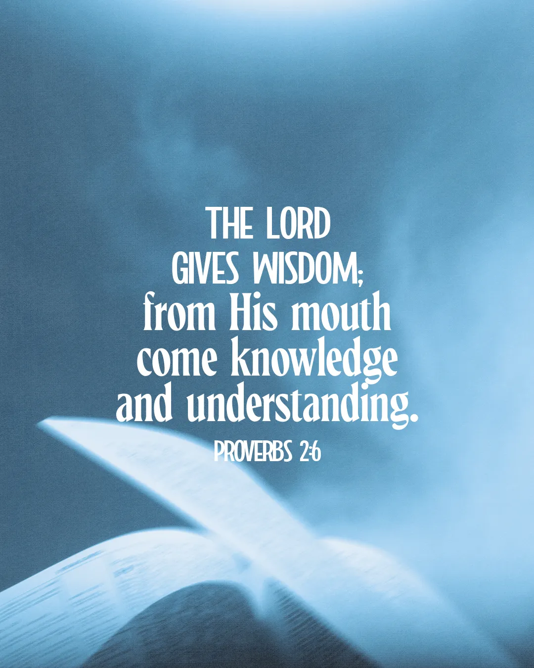 Wisdom and understanding from the Lord, highlighted by an open Bible and soft blue tones. Proverbs 2:6.