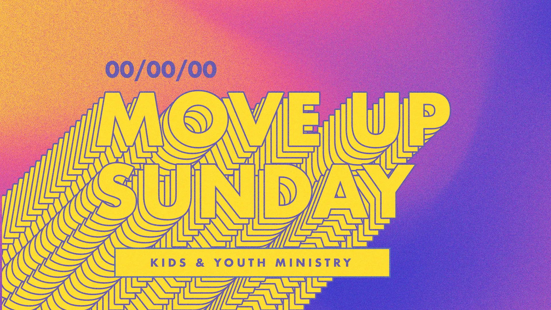 Colorful graphic promoting "Move Up Sunday" for kids and youth ministry, celebrating growth in faith and community.