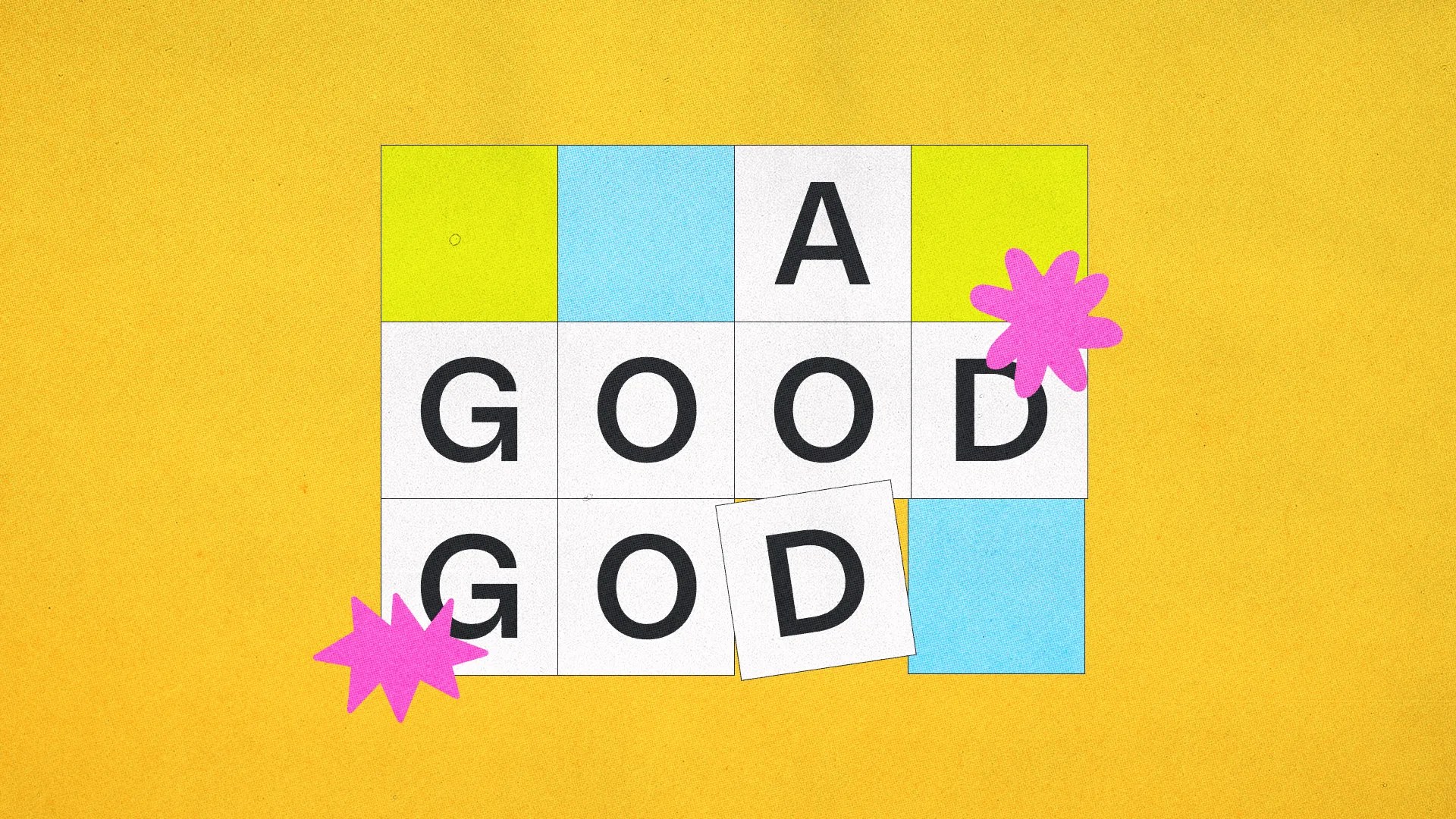 Colorful blocks spell "A GOOD GOD" with decorative flowers, symbolizing joy and faith in worship and community.