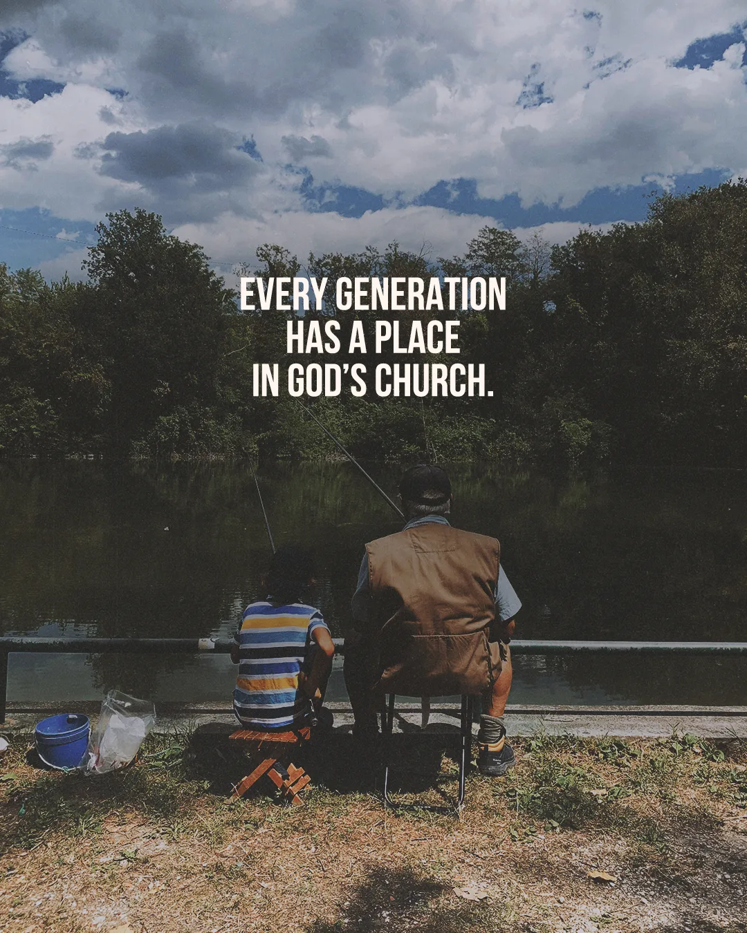 Two fishermen, a child and an elder, sit together by the water, reflecting unity and faith across generations.