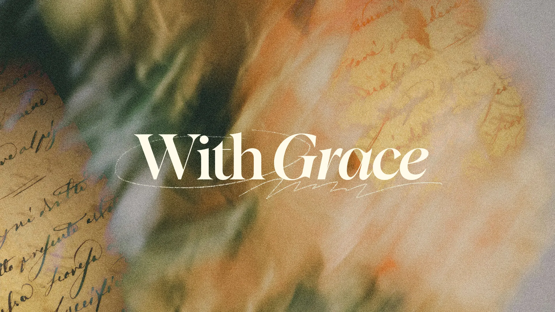 "With Grace" in cream serif and italic type over a blurred photo of flowers and handwritten letters
