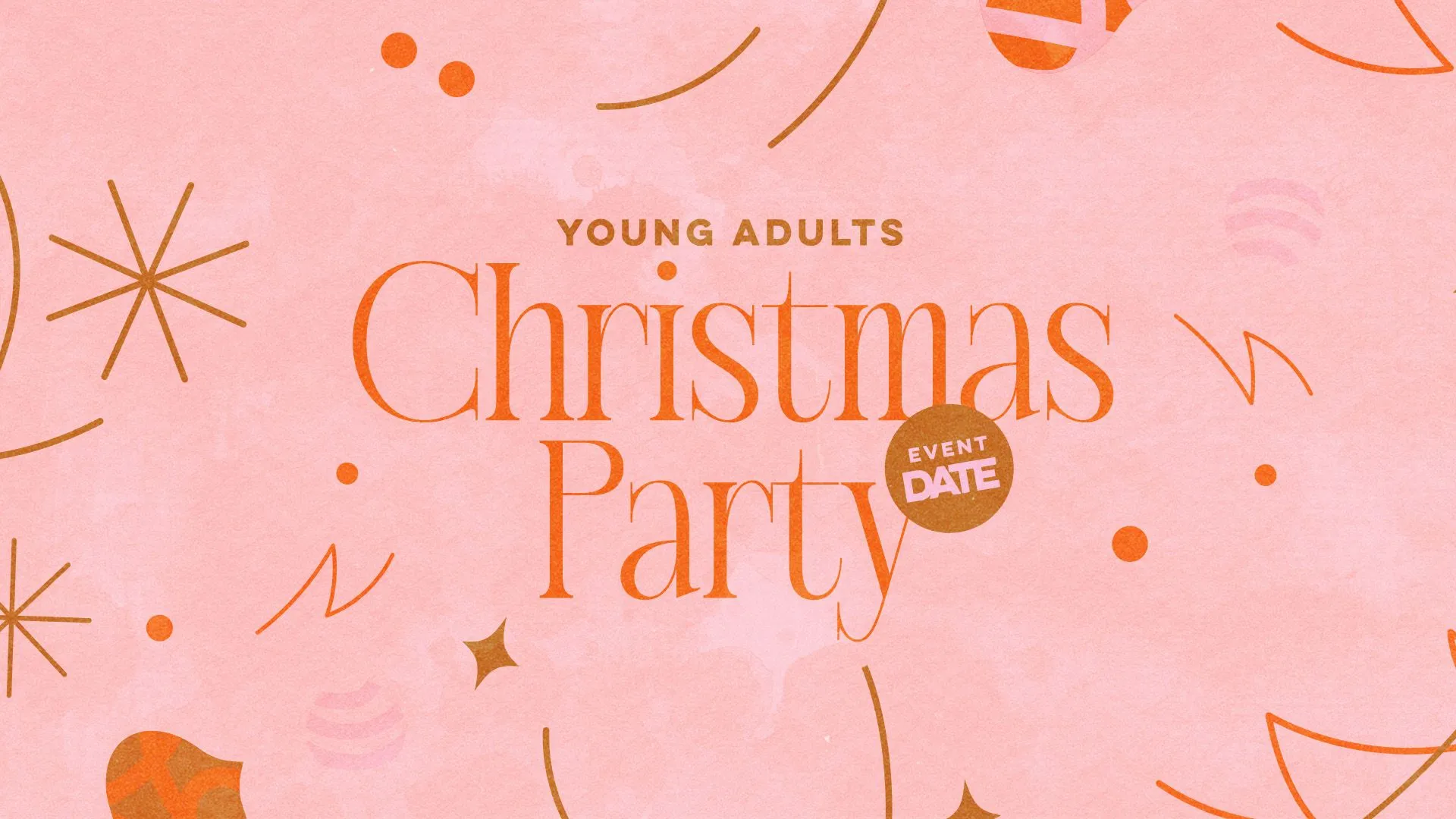 "Christmas Party" in orange serif type on pink paper texture with hand-drawn snowflakes, ornaments and dots