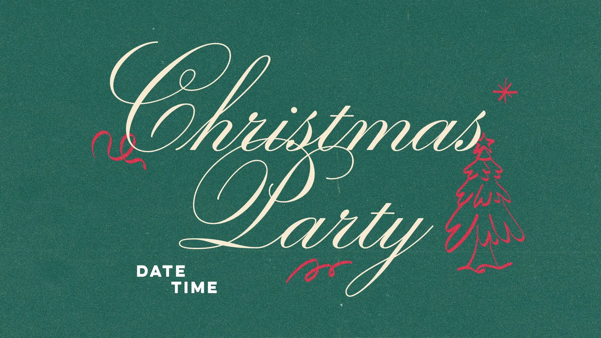 "Christmas Party" in cream script on forest green with a red hand-drawn Christmas tree and star
