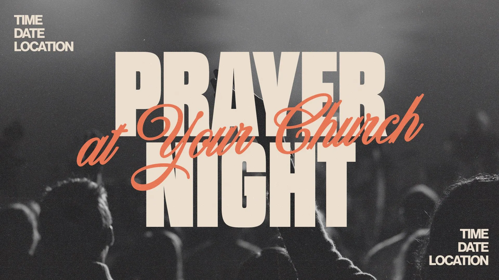 Prayer Night in tall cream block letters over a grainy black-and-white photo of a crowd with raised hands