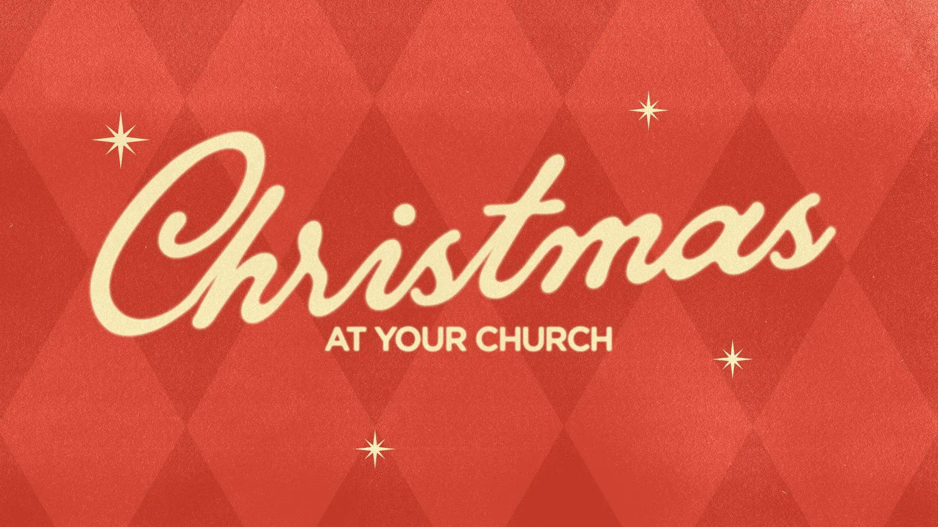 Cream retro script reading Christmas over a red diamond pattern background with small sparkle stars