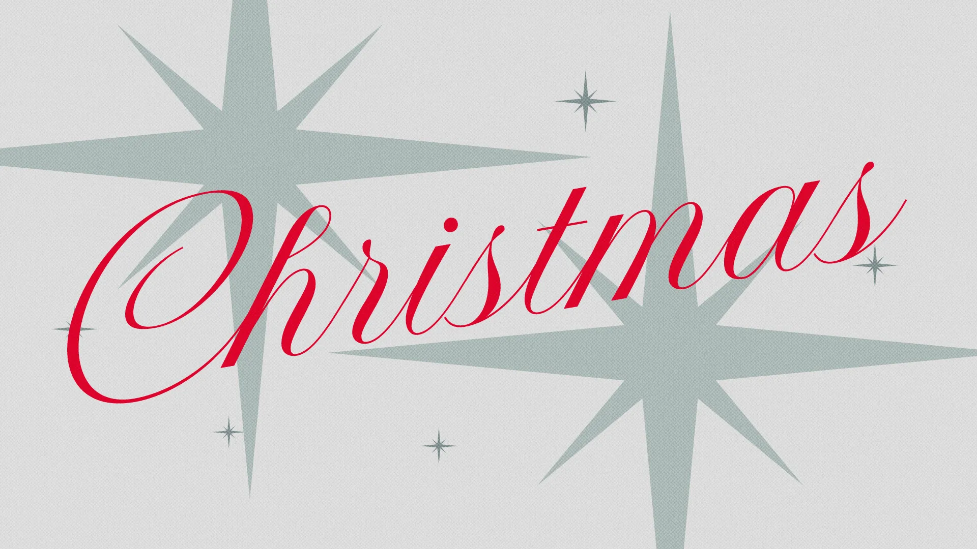 Christmas in red script lettering over a light gray background with retro sage starburst shapes