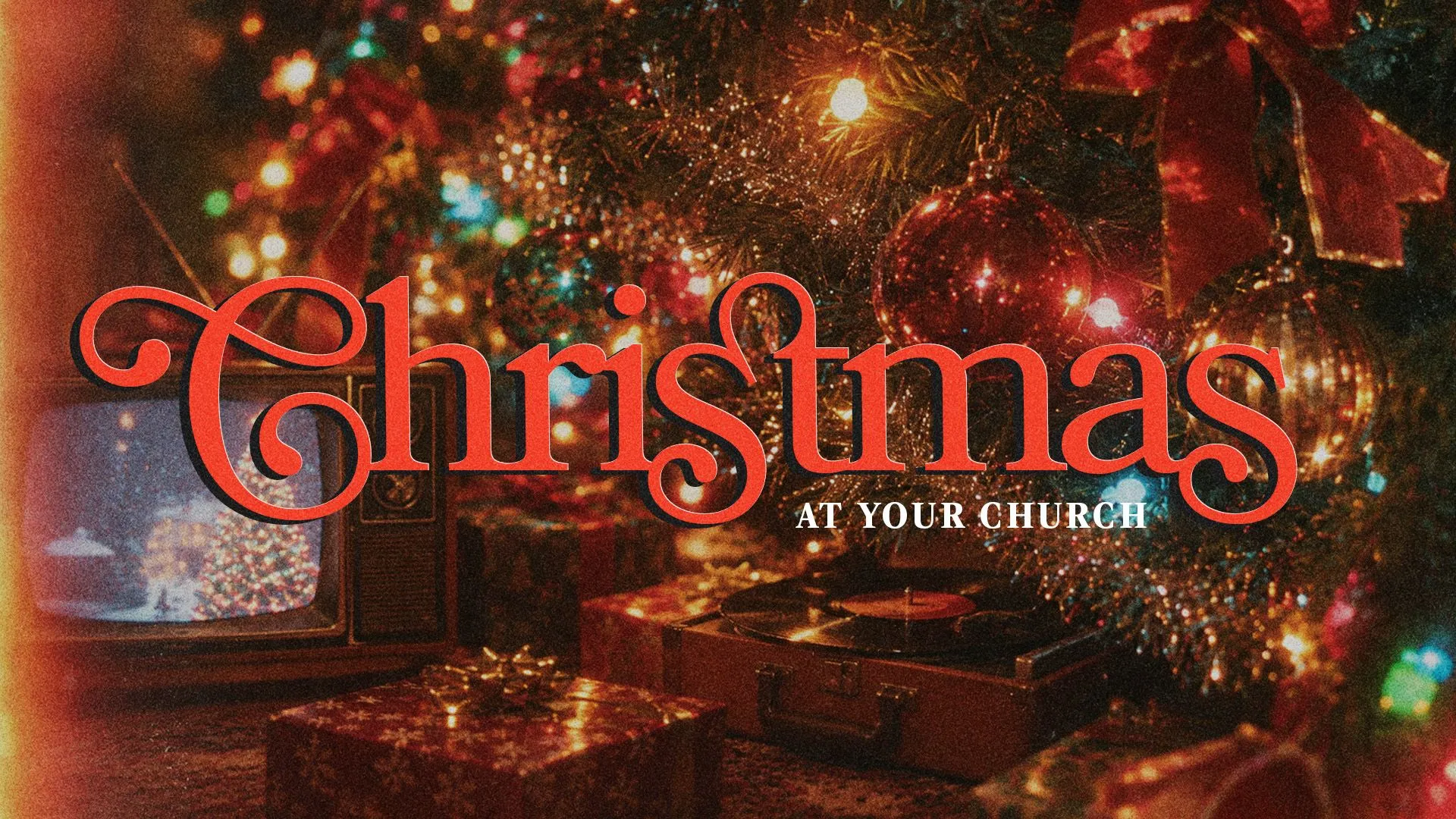 "Christmas" in red script over a vintage photo of a lit Christmas tree, gifts, old TV and record player