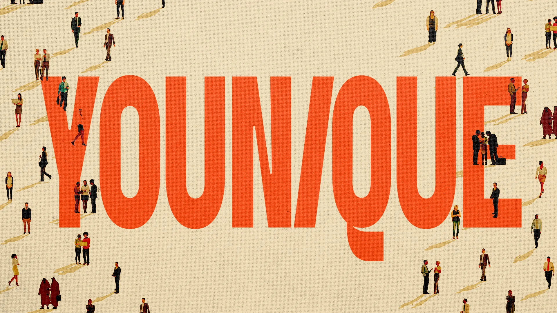 "YOUNIQUE" in bold coral letters over a cream background covered with small illustrated people walking in a crowd