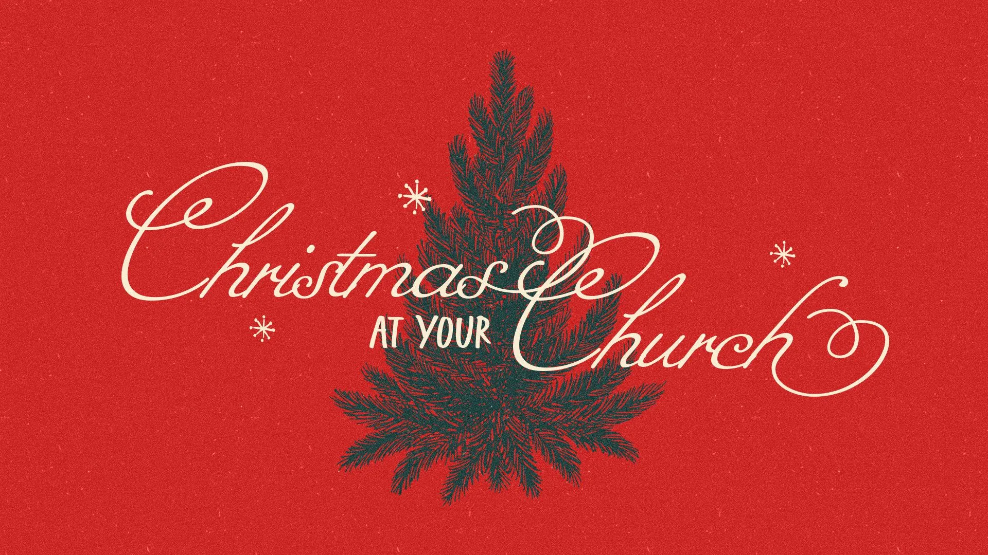 "Christmas" in cream script over a dark evergreen tree illustration on a textured red background with snowflakes