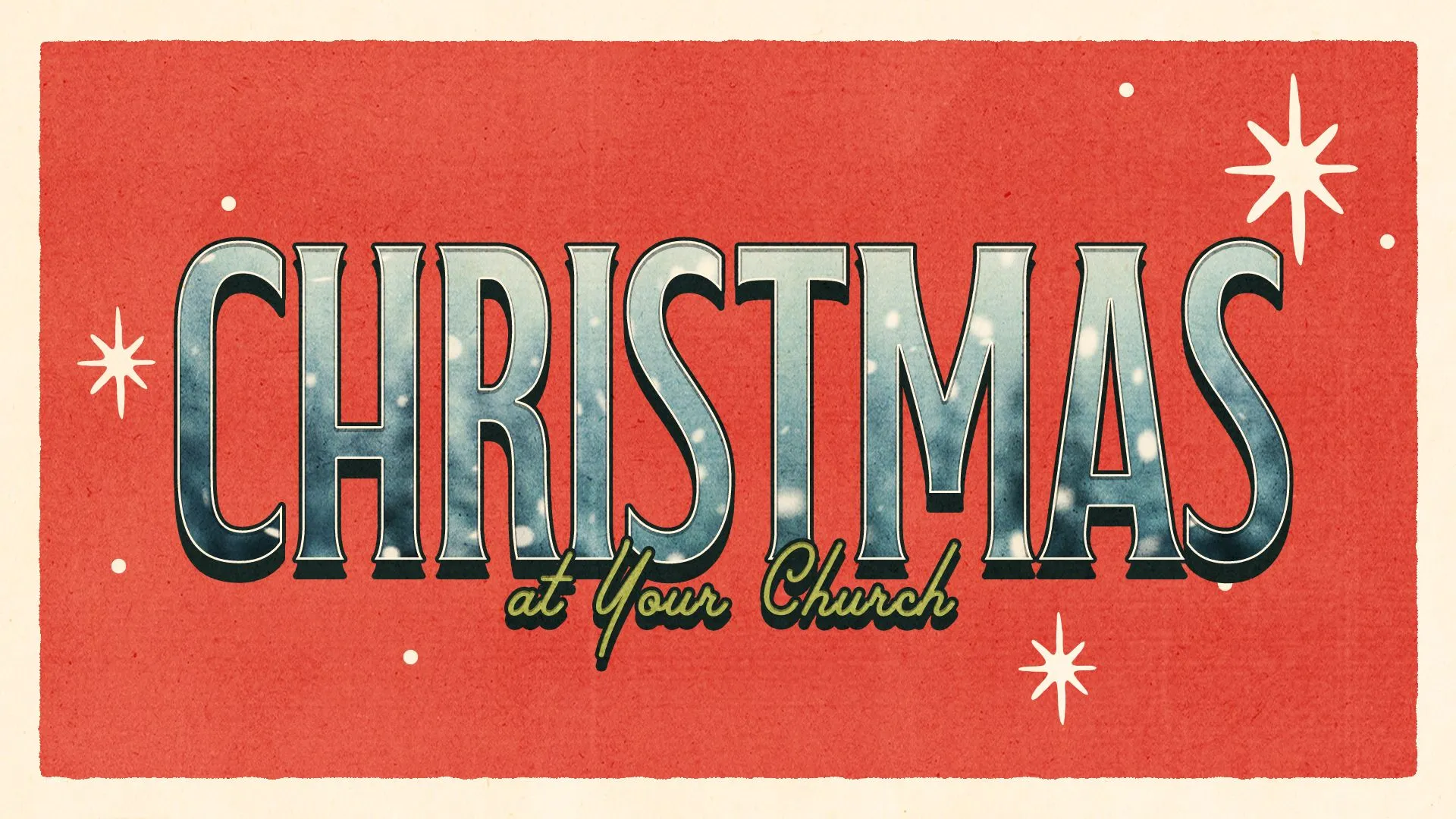 CHRISTMAS in tall vintage letters filled with a snowy night sky, on a red background with cream starbursts