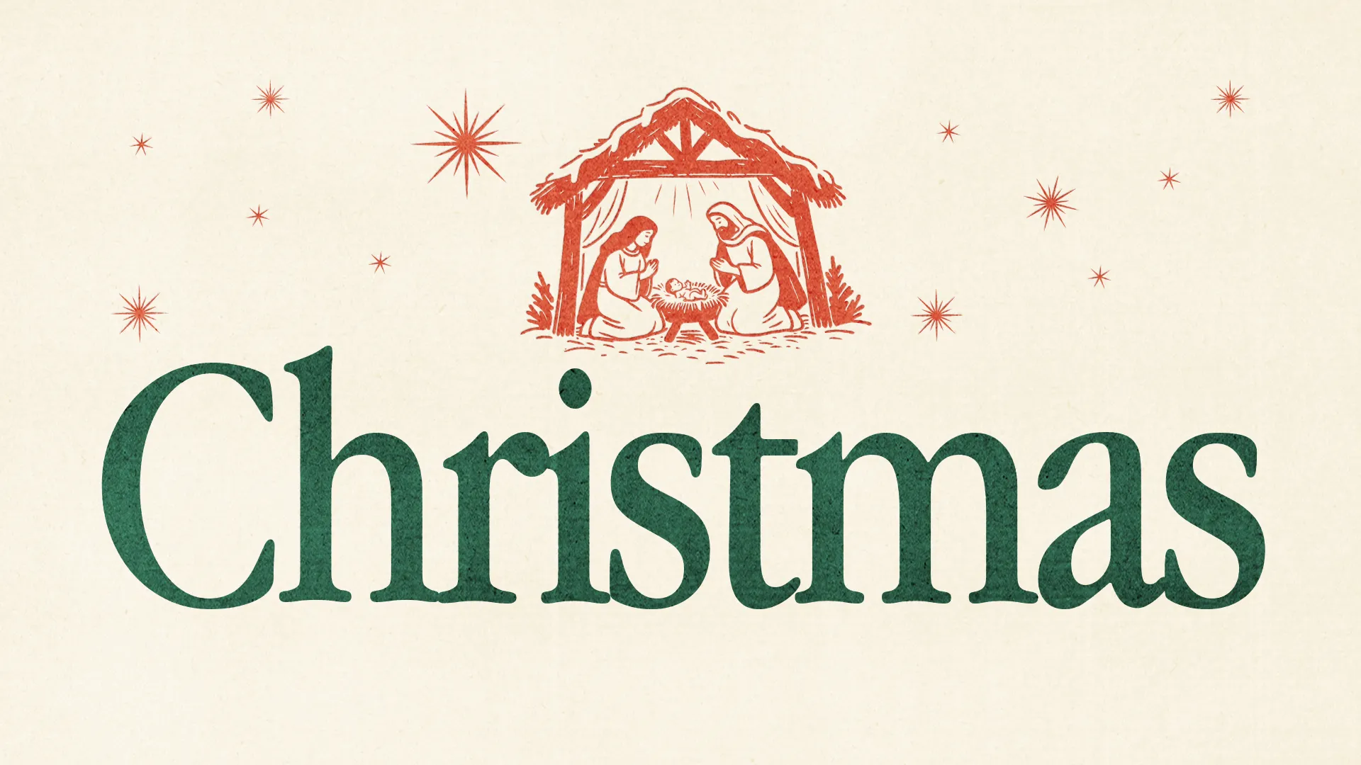 "Christmas" in green serif type under a coral red line drawing of the nativity with stars on cream