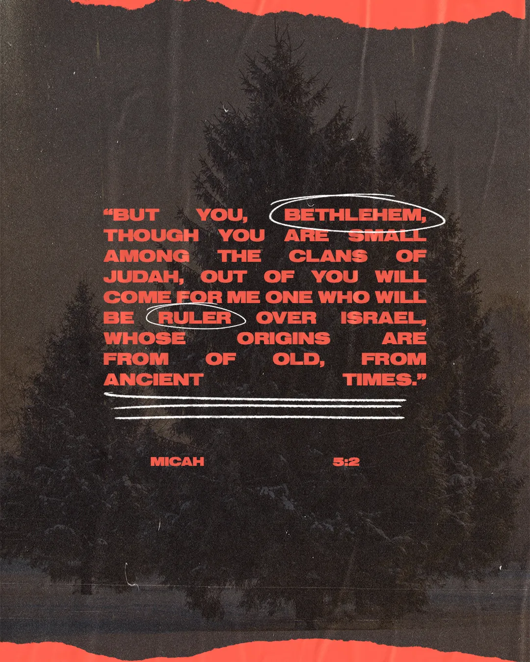 Micah 5:2 verse in red-orange caps over dark evergreen trees, with white circles around Bethlehem and ruler