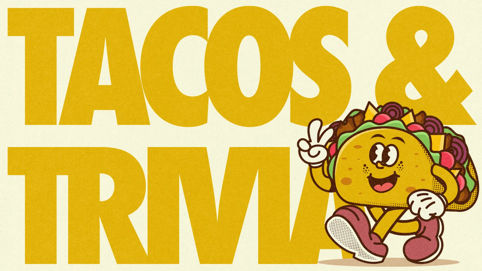 Taco character promoting a fun community trivia night, encouraging fellowship and joy in church activities.