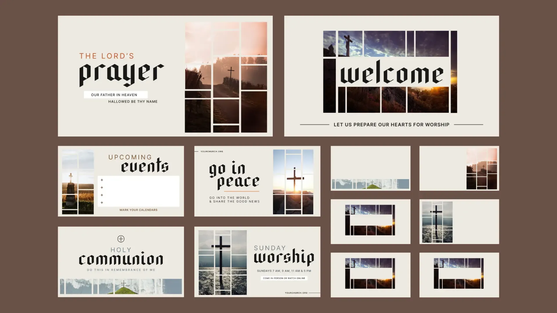 This church media template set presents a modern, grid-style design, interspersing beautiful dawn and dusk landscapes with segments for "The Lord's Prayer," "Welcome," "Upcoming Events," "Go in Peace," "Holy Communion," and "Sunday Worship," each poised to engage and invite reflection within the church community.