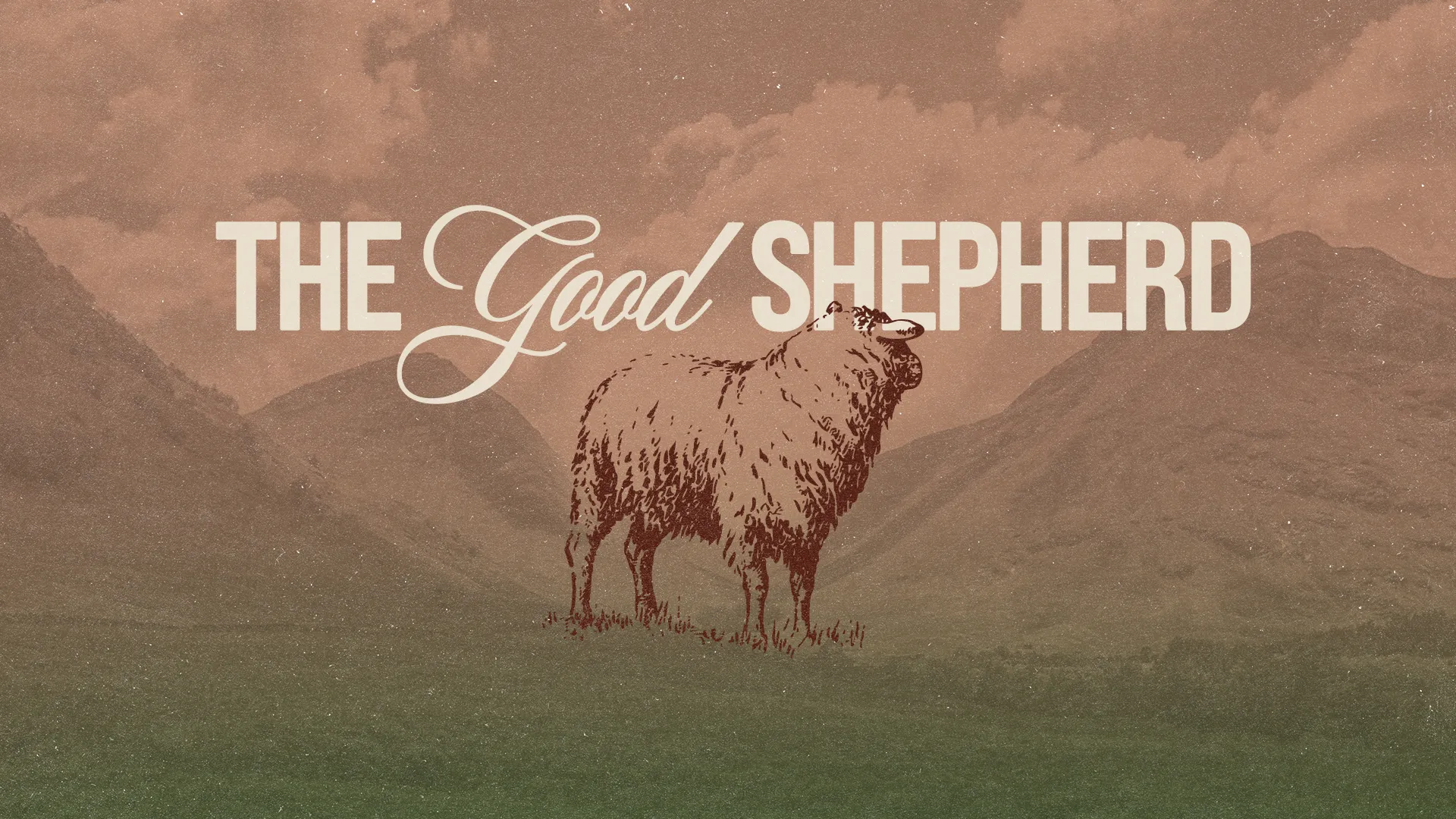 A sheep stands in a serene landscape, symbolizing guidance and faith, with "The Good Shepherd" elegantly displayed.