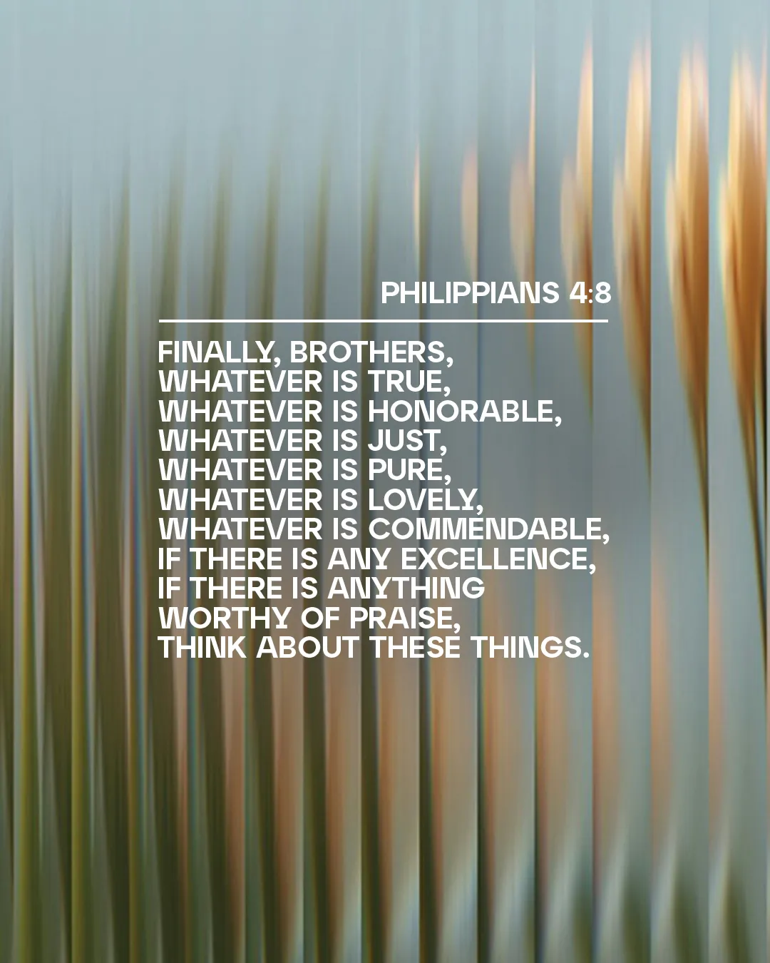 Philippians 4:8 encourages reflection on truth, purity, and praise, set against a serene, nature-inspired background.