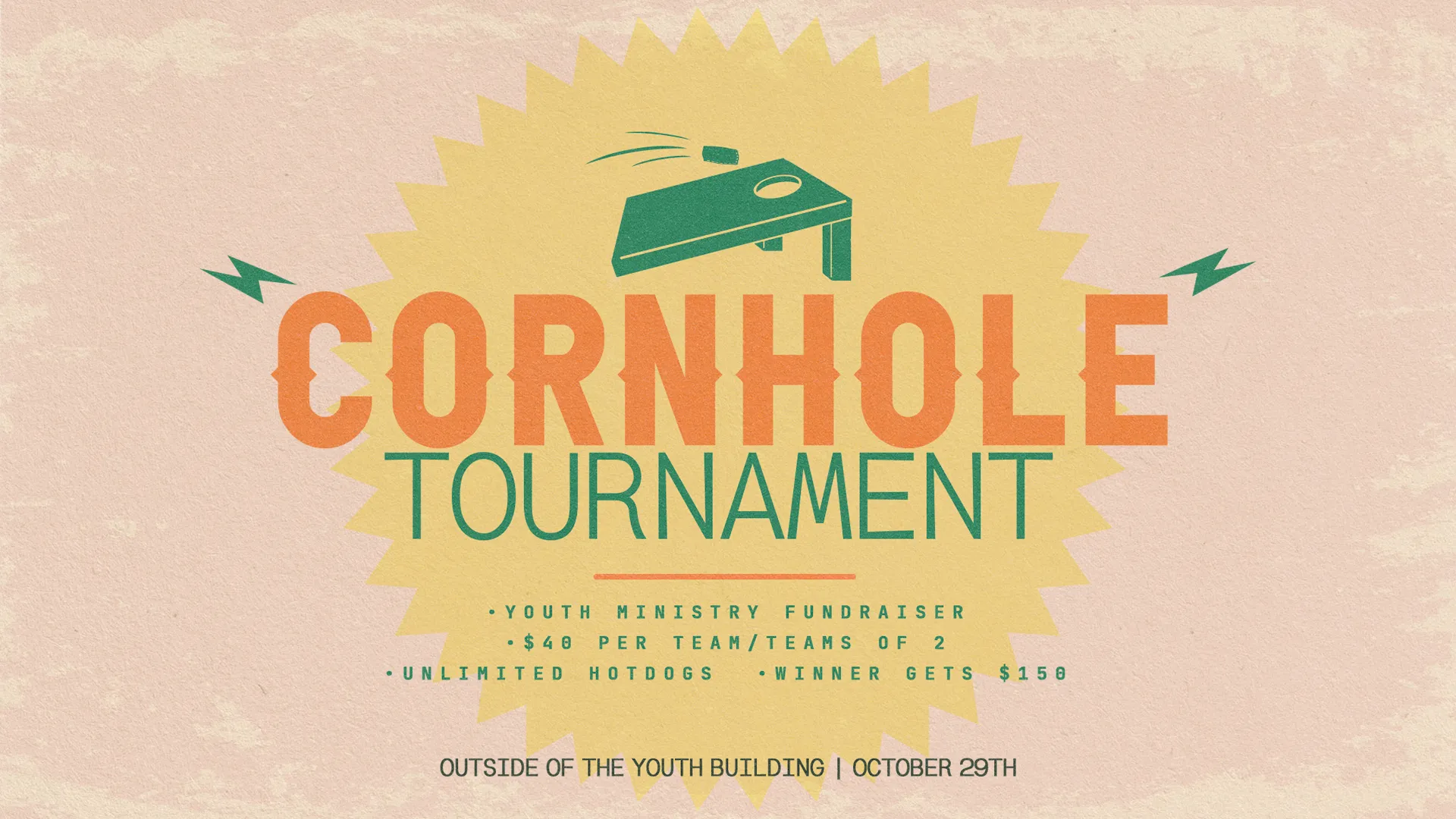Cornhole tournament announcement, fostering community, fun, and fellowship among church members.