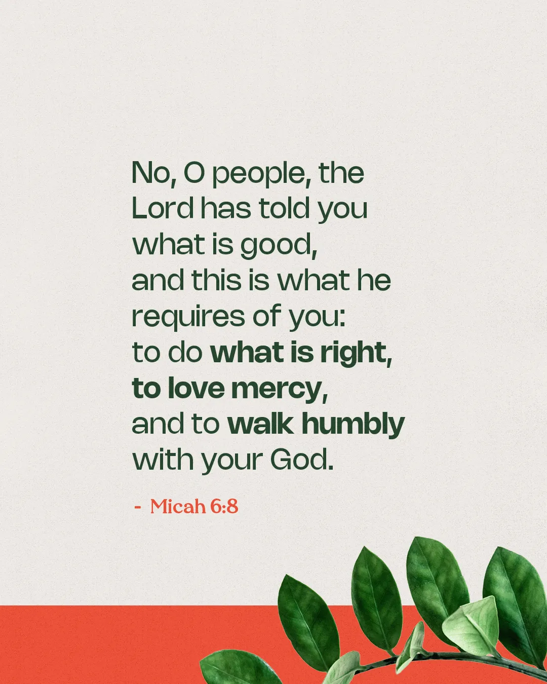 Micah 6:8 emphasizes justice, mercy, and humility in faith, surrounded by green leaves symbolizing growth and community.