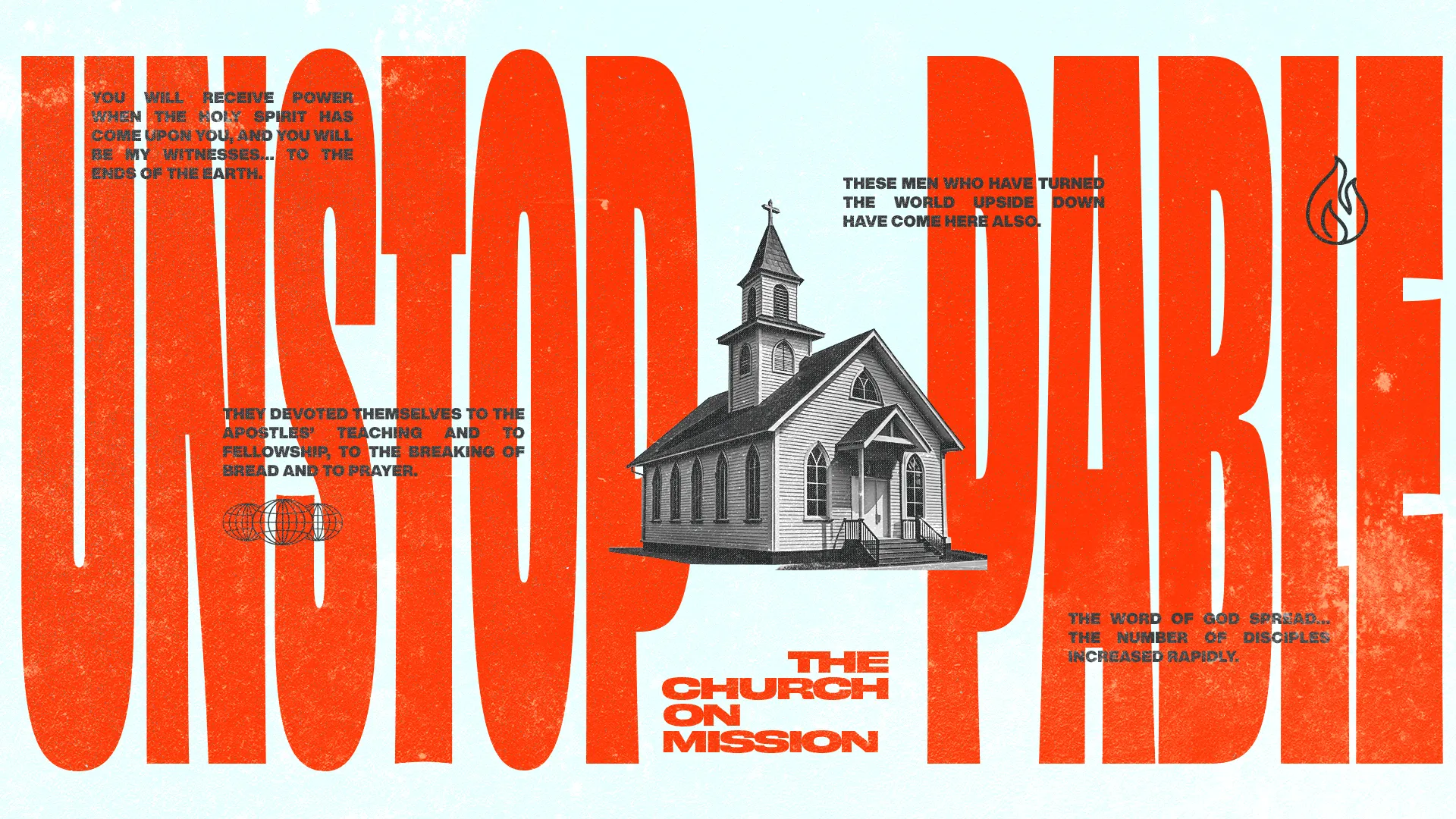 Church building with biblical verses emphasizing mission, community, and the spread of faith.