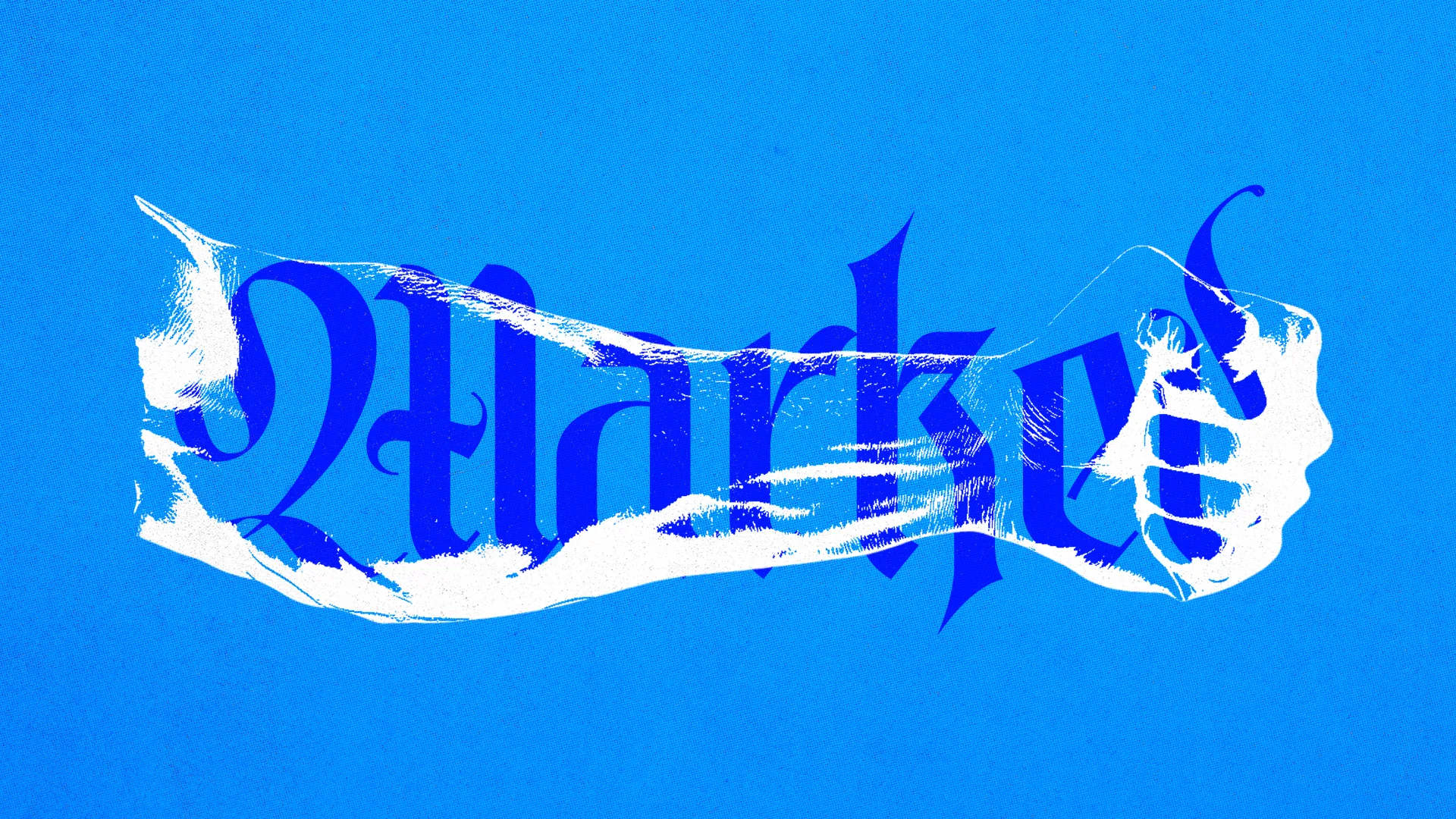 Bold blue lettering with a hand gesture, symbolizing faith, community, and encouragement in worship and service.