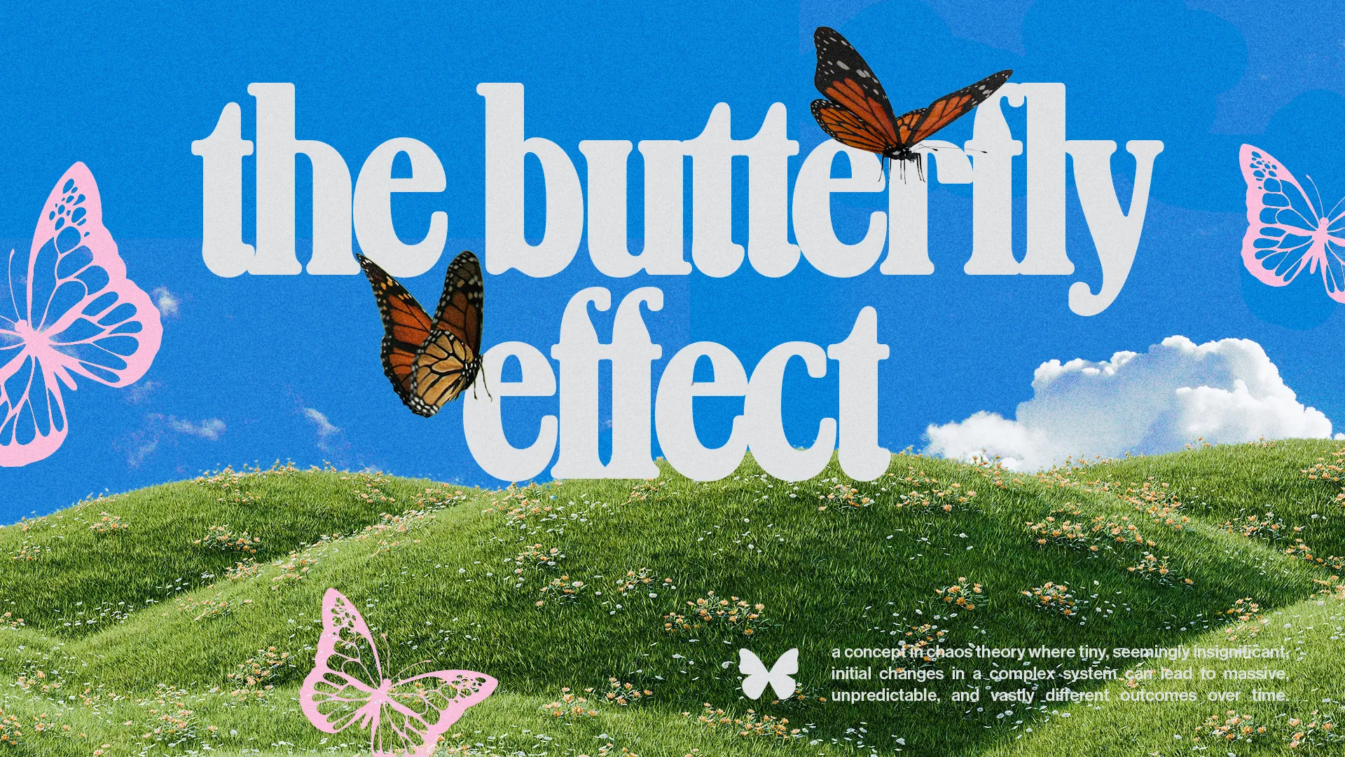 Colorful butterflies flutter over green hills under a bright blue sky, symbolizing transformation and growth in faith.