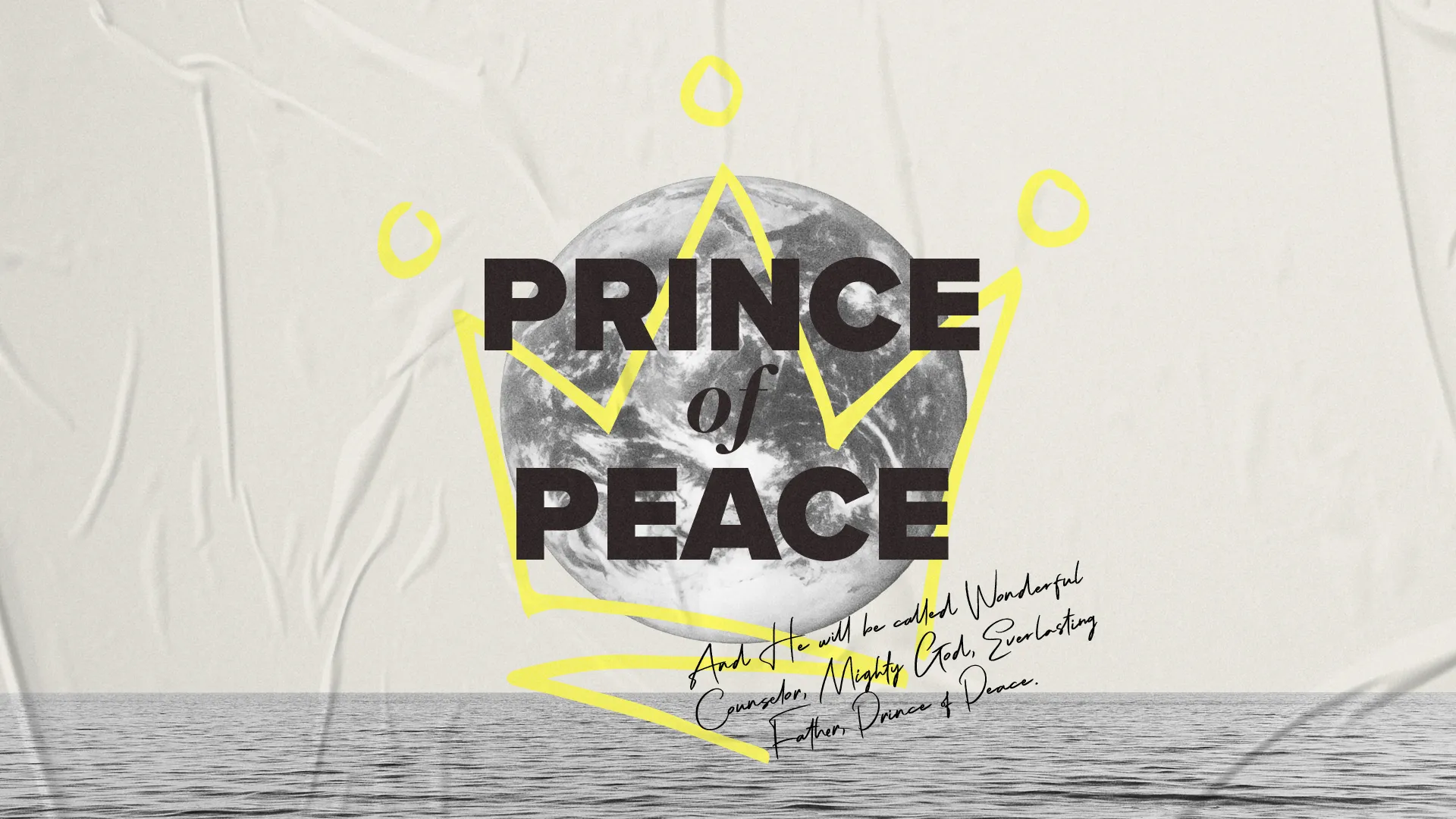 "Bold text 'Prince of Peace' over a serene ocean, symbolizing faith, hope, and divine guidance in worship and community."