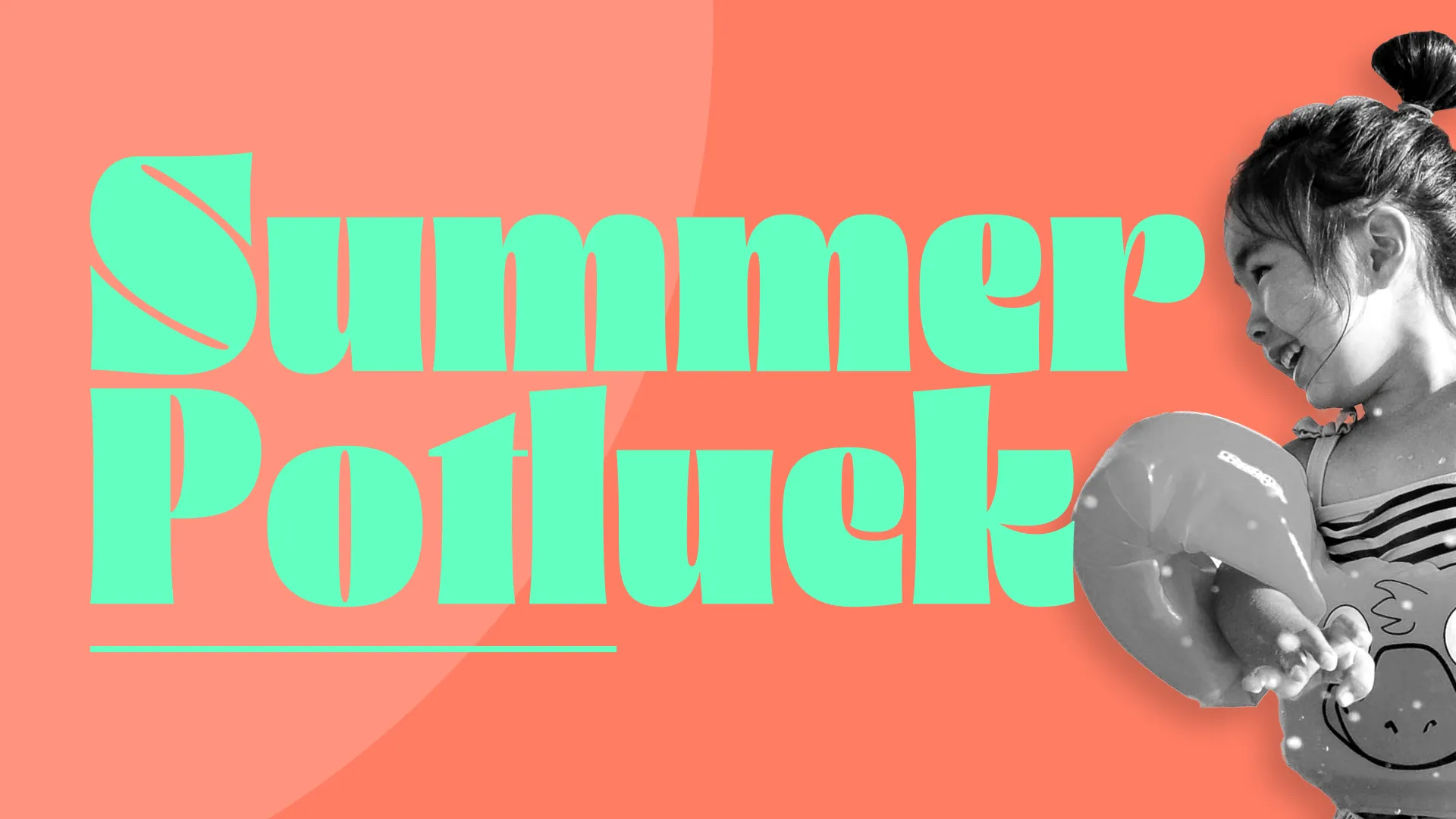 Summer potluck announcement with vibrant colors, featuring a joyful child in a pool float, celebrating community and fellowship.