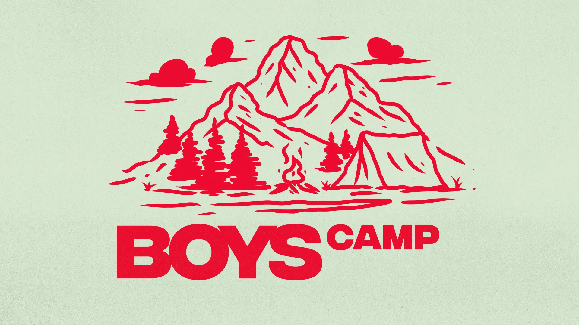 Boys camp announcement featuring mountains, trees, and a campfire, inviting community and faith-filled adventures.