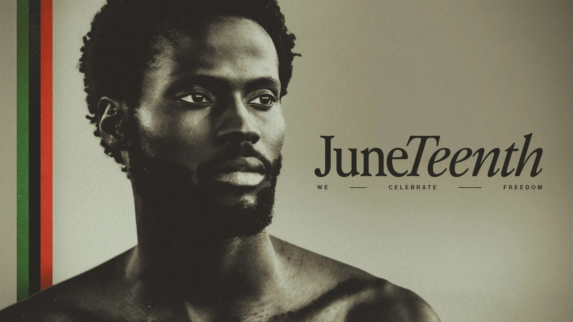 This Juneteenth template powerfully captures the essence of celebration and freedom with a bold, striking design. Perfect for church media, it features a visually impactful portrait alongside the prominent Juneteenth title, emphasizing themes of heritage and liberation.