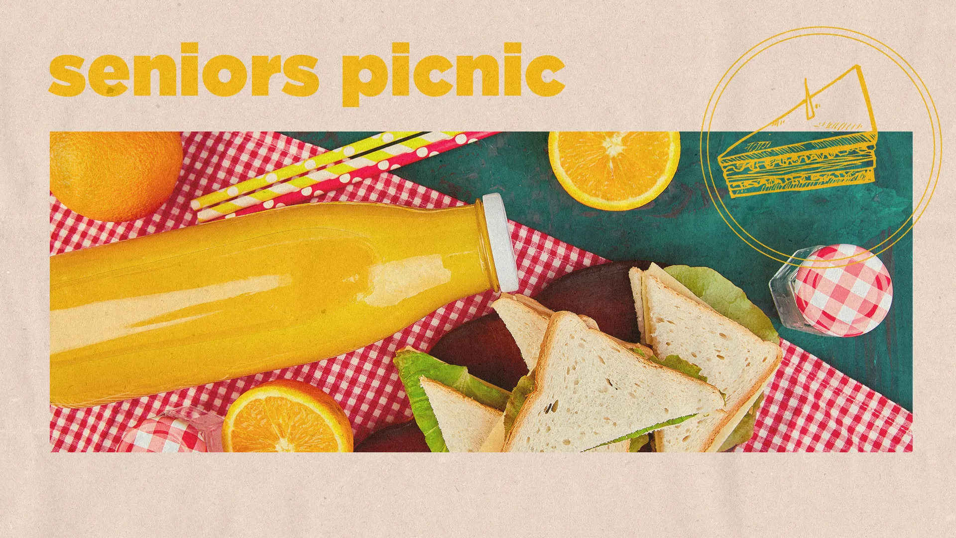 Seniors picnic with sandwiches, orange slices, and lemonade, fostering community and fellowship in a joyful setting.