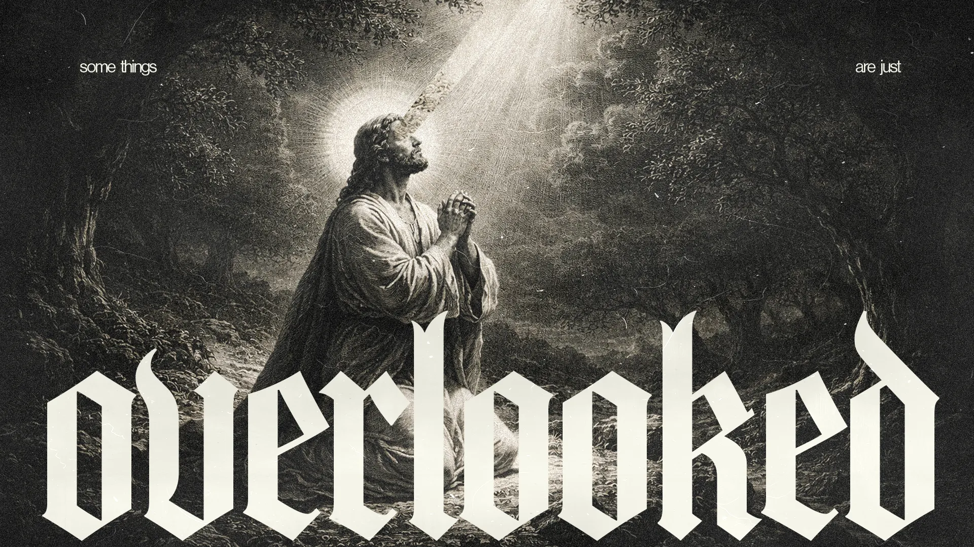 Jesus prays in a serene forest, illuminated by divine light, symbolizing faith and spiritual reflection.