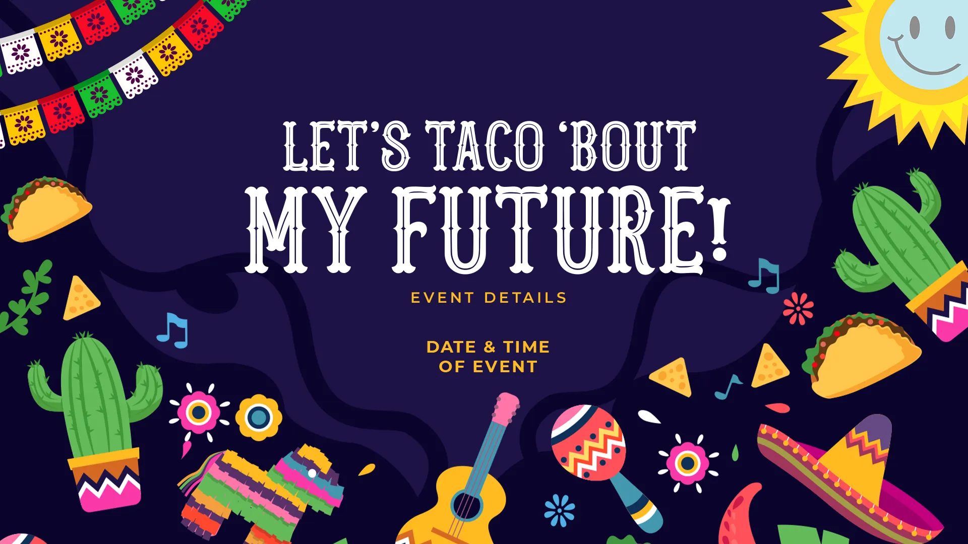 Colorful decorations, tacos, and musical instruments invite community celebration and fellowship in a joyful church event.