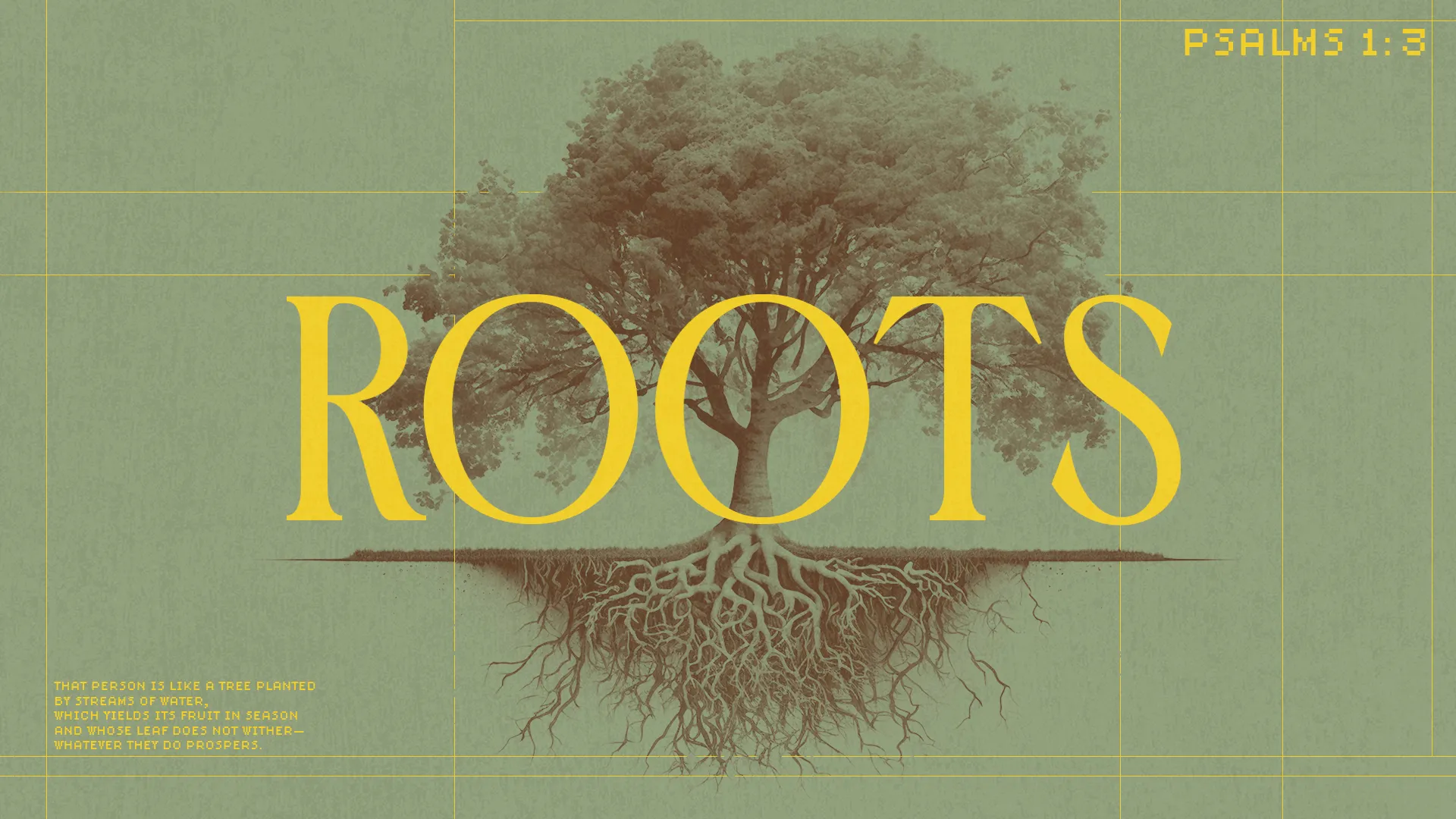Tree with deep roots symbolizes spiritual growth and faith, accompanied by the word "ROOTS" and a biblical reference.