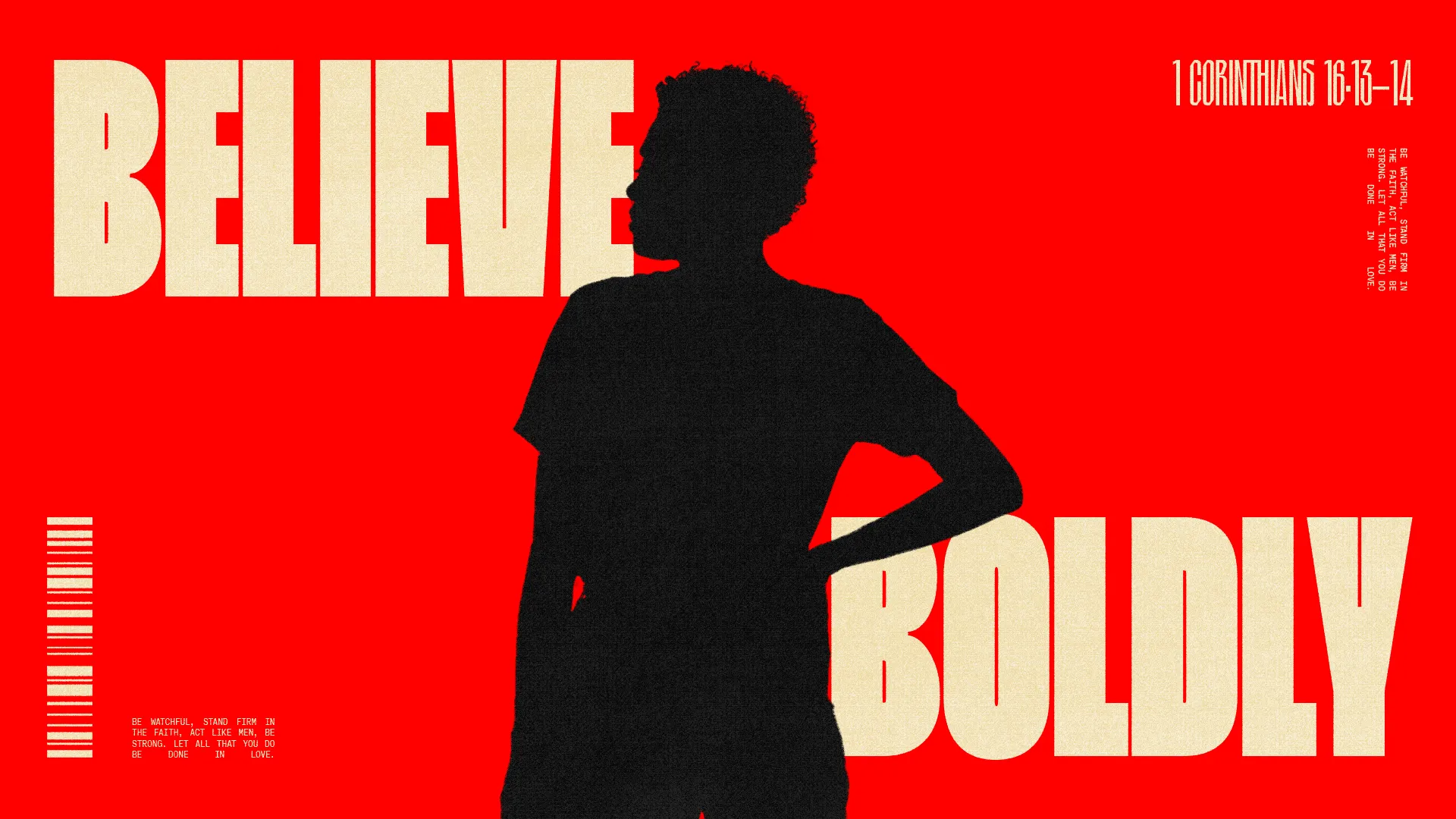 Silhouette of a person against a bold red background, emphasizing the theme "Believe Boldly" with biblical scripture.