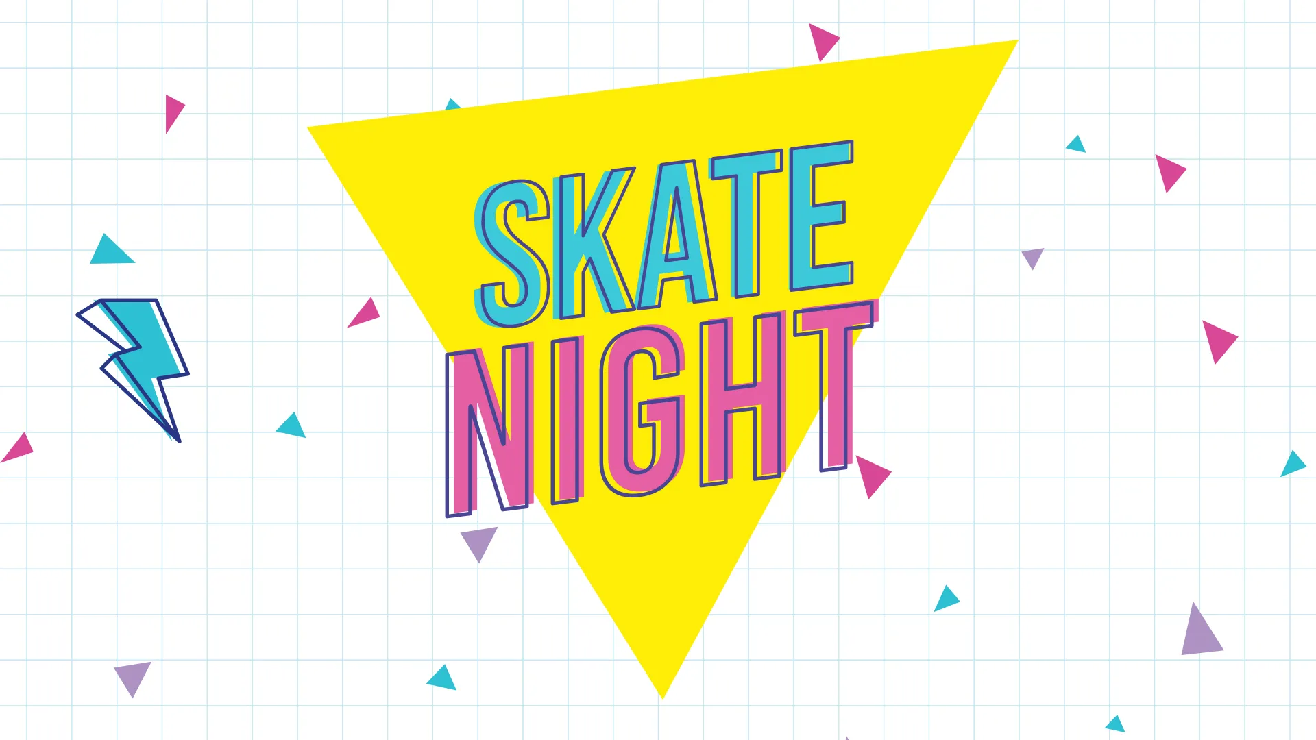 Skate Night event announcement with vibrant colors and geometric shapes, inviting community fun and fellowship.