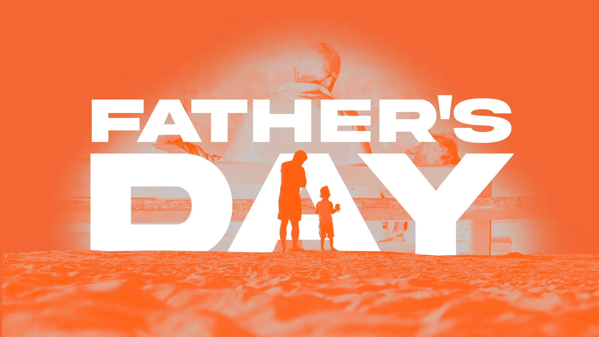 Father and child silhouette against an orange background, celebrating Father's Day with themes of love and family.