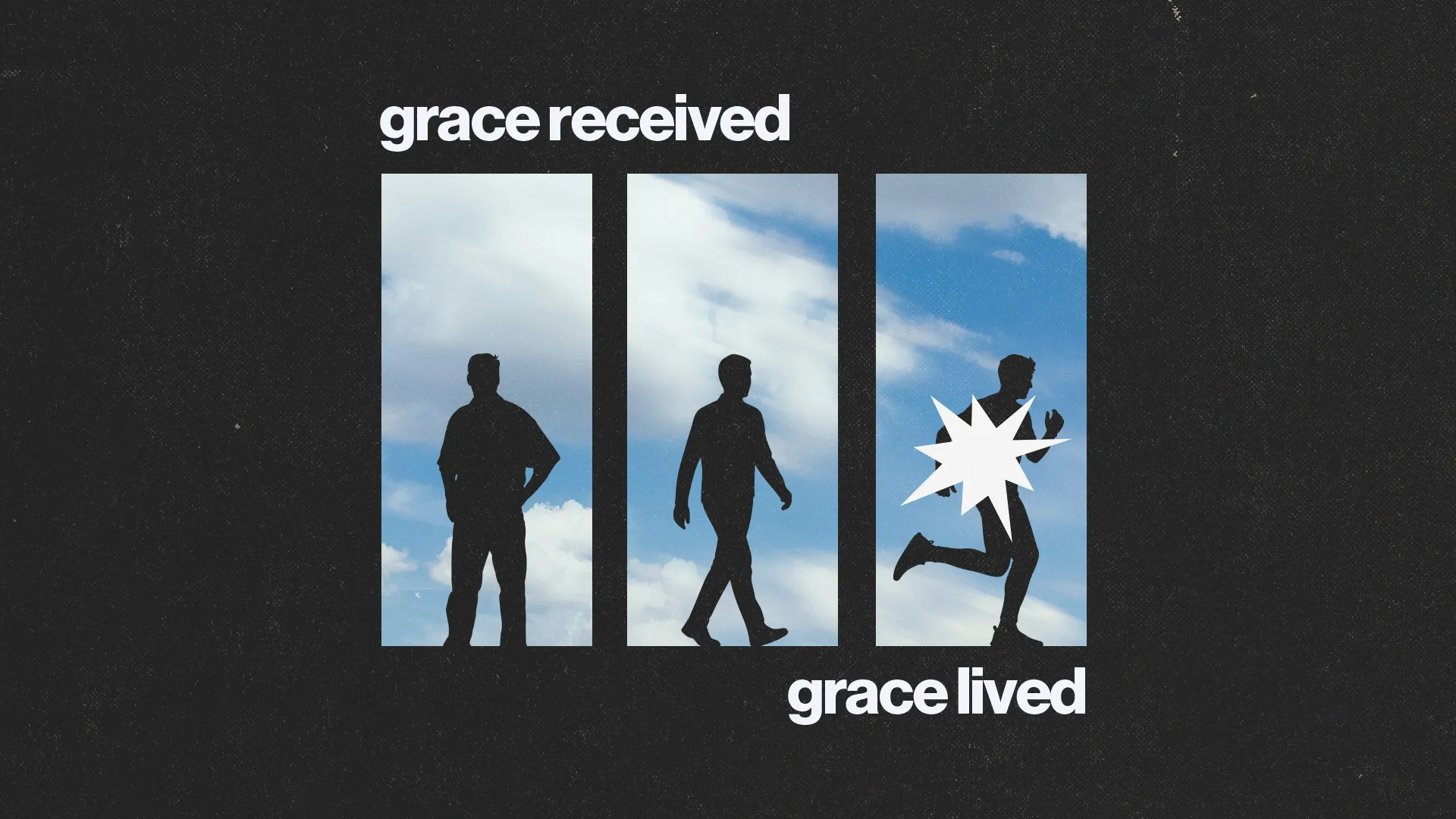 Silhouettes of individuals walking and running, symbolizing the journey from grace received to grace lived.