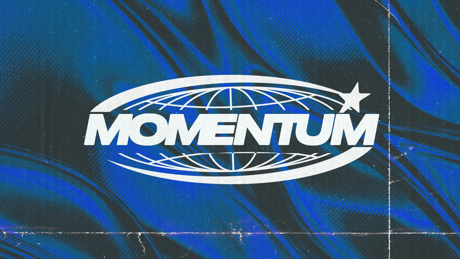 Bold "MOMENTUM" logo on a blue and black abstract background, symbolizing spiritual growth and community engagement.